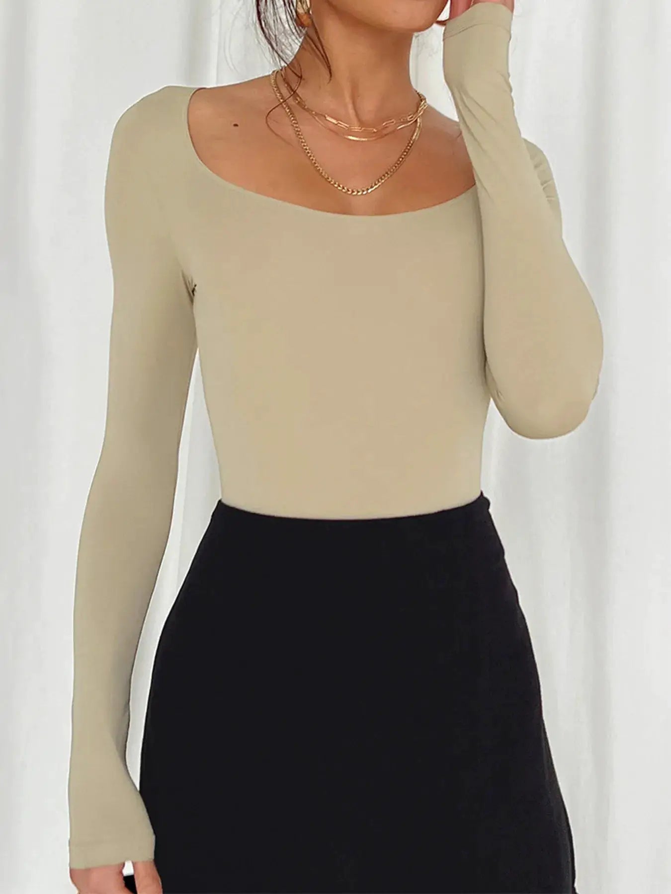 Long Sleeve Scoop Neck Fitted T-Shirt by Belle Bijouix in beige, tops.