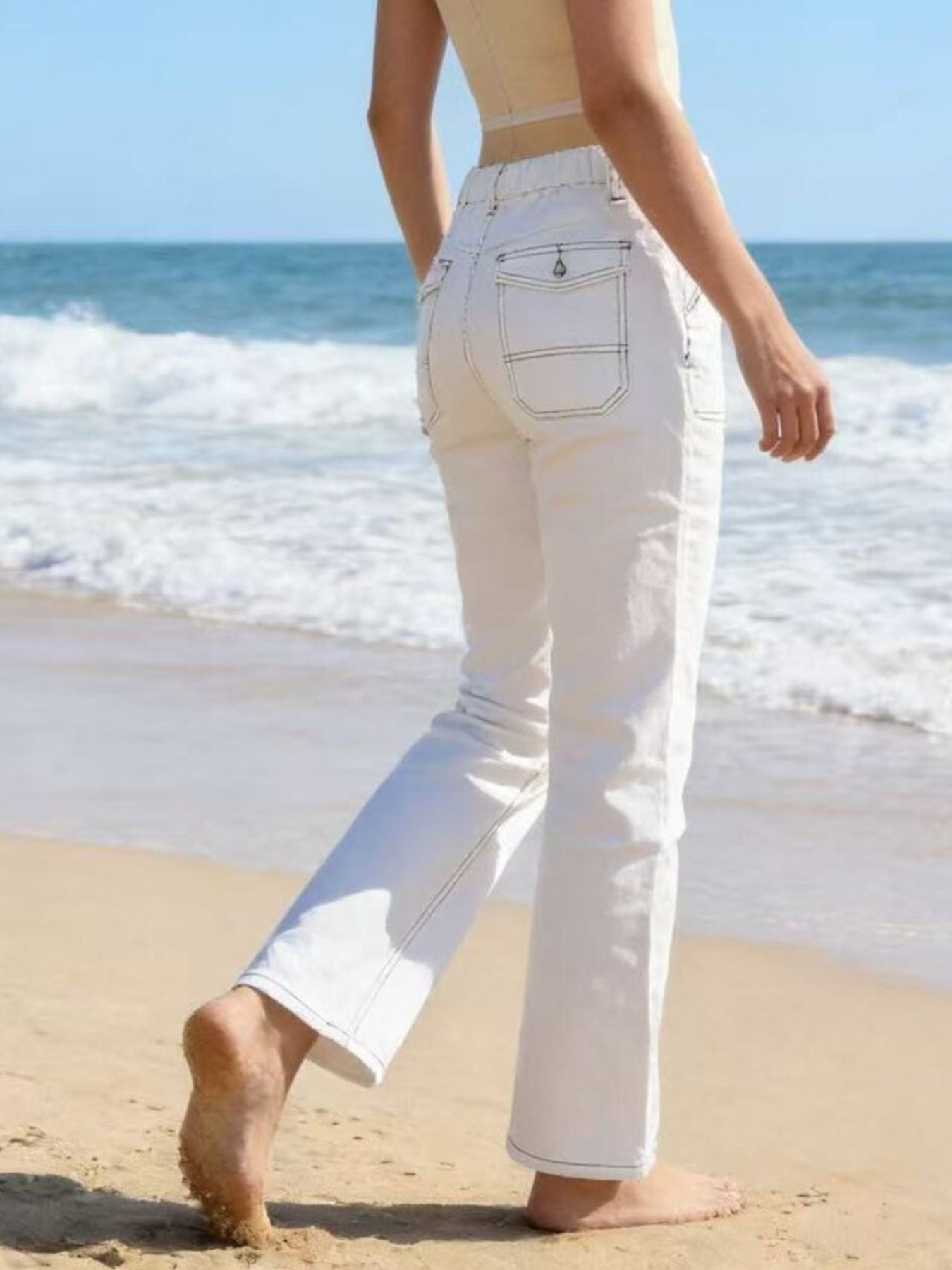 Belle Bijouix cream wide-leg jeans with contrast stitching and back pockets