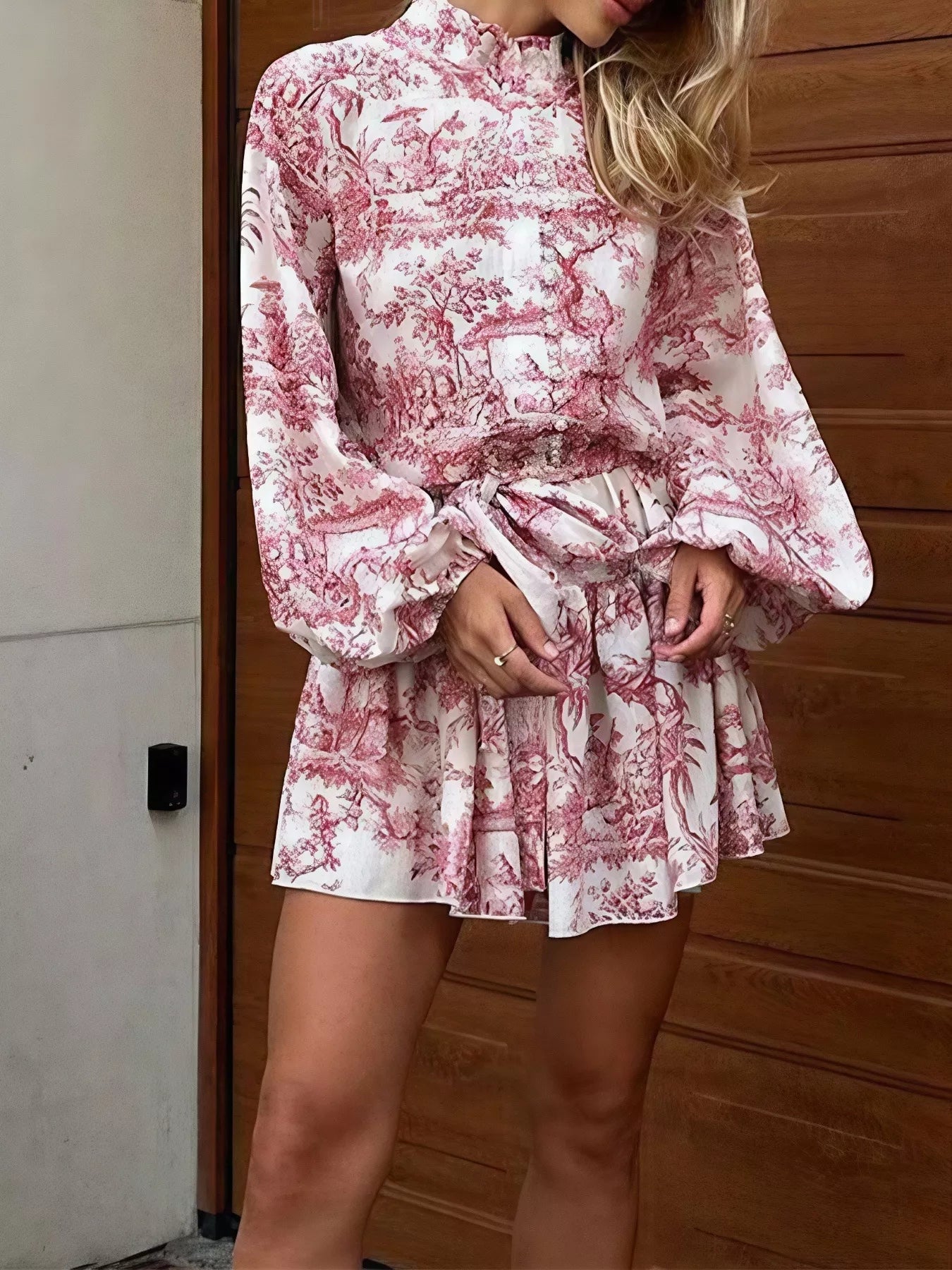 Printed balloon-sleeve tie-waist dress in pink and white toile print