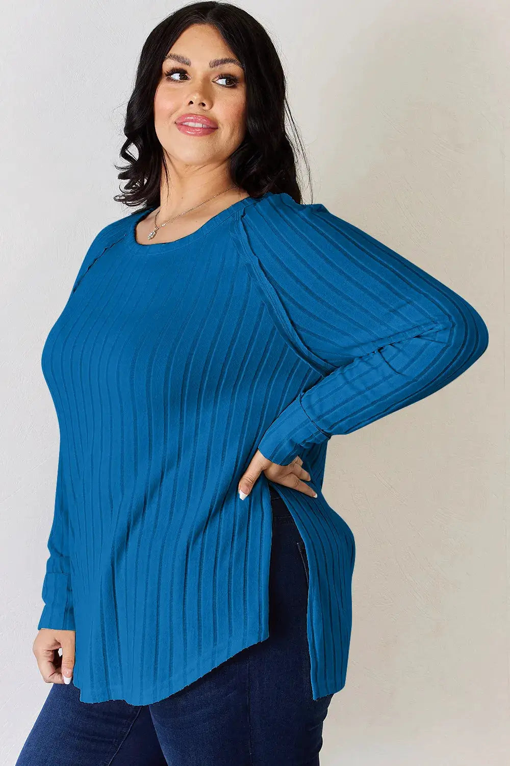 Basic Bae Full Size ribbed round-neck slit T-shirt in blue with side slits.