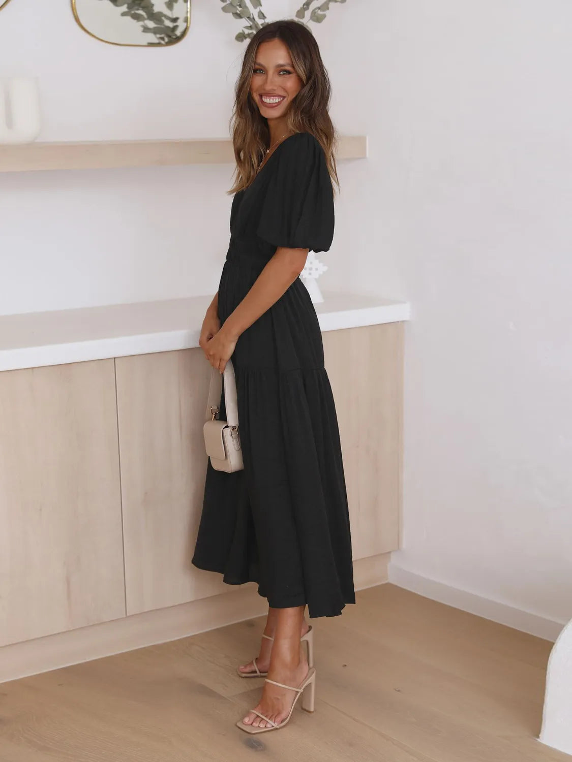 Tiered Surplice Half Sleeve Midi Dress, black, women's dress