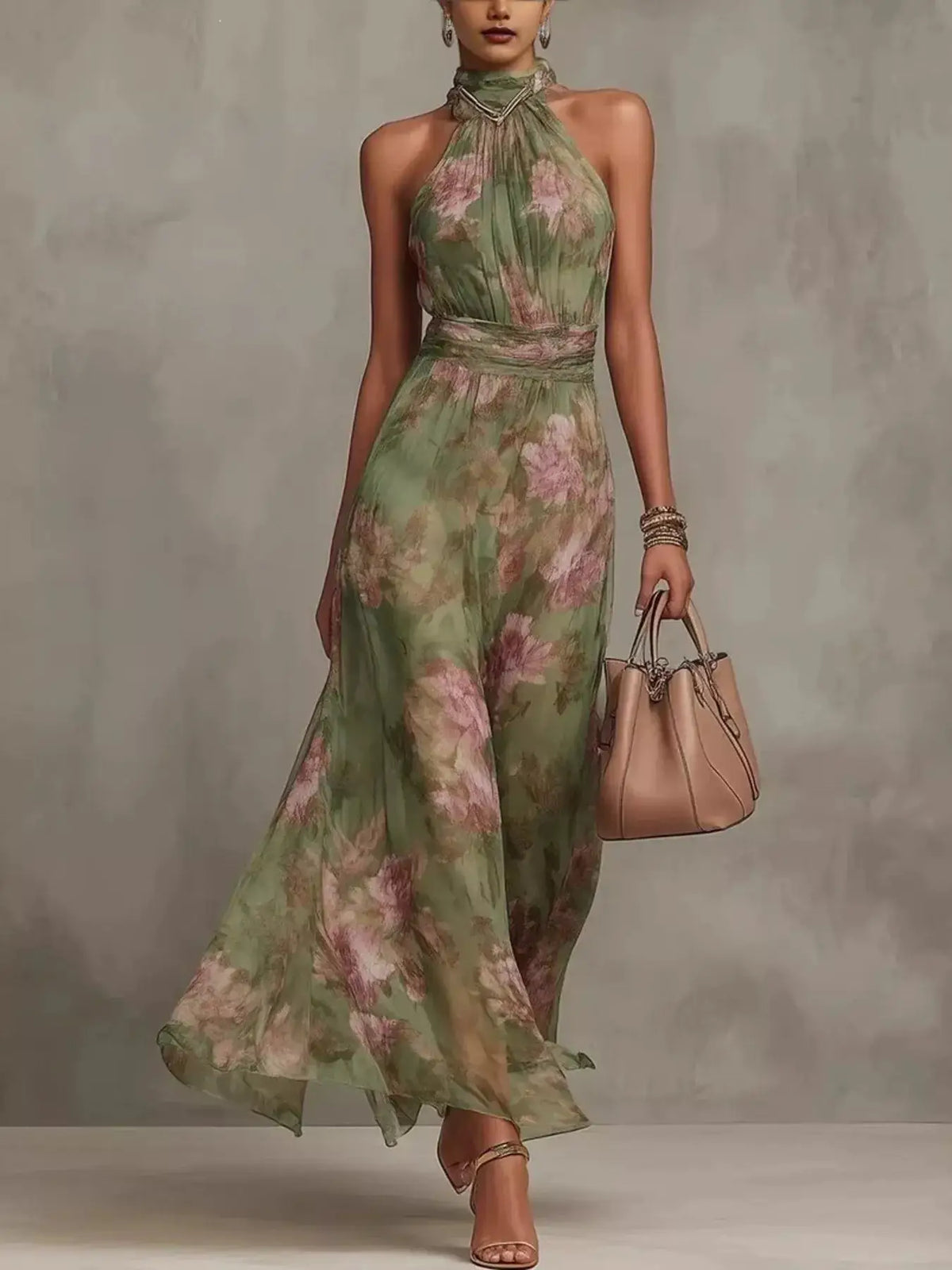 Floral print sleeveless halter-neck maxi dress in green with pink flowers, plus size