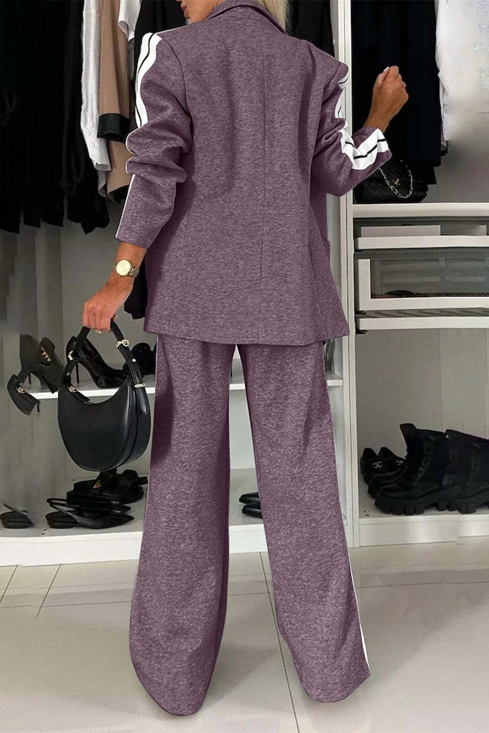 Full Size Contrast Lapel Collar Top and Pants Set in mauve active wear with white-striped sleeves