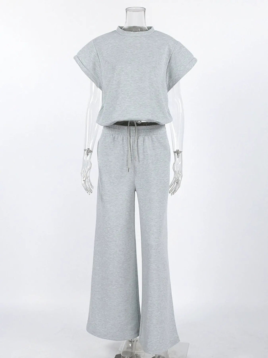 Round-neck top and wide-leg pants two-piece activewear set in grey heather with drawstring waist