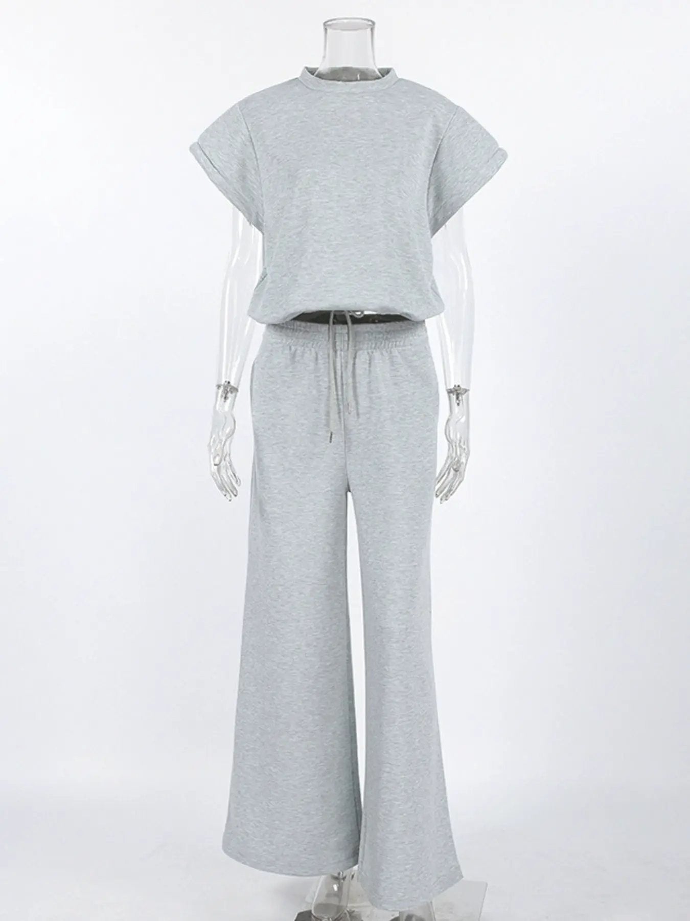 Round-neck top and wide-leg pants two-piece activewear set in grey heather with drawstring waist