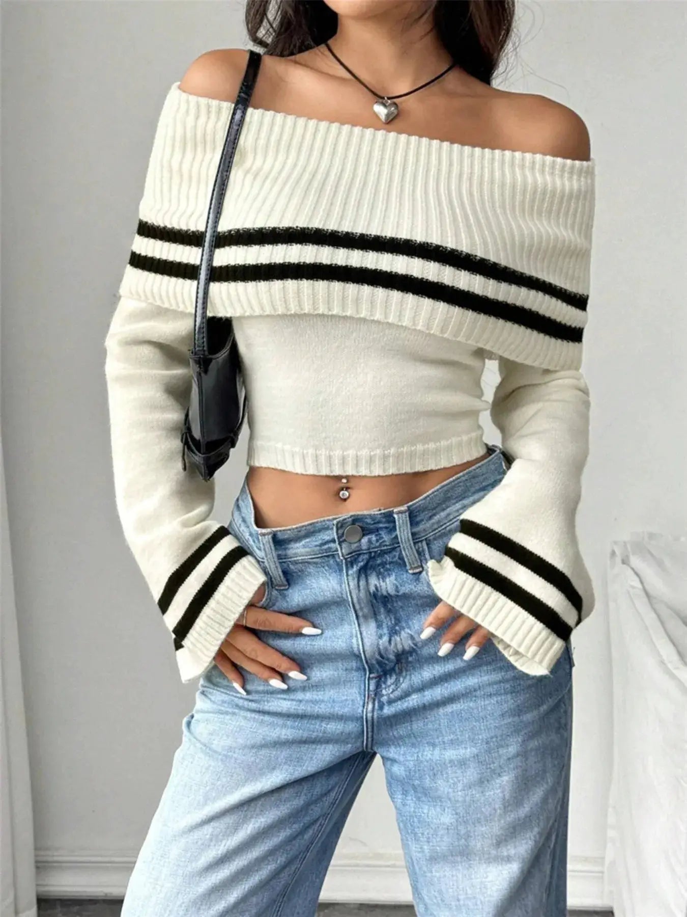 Ribbed Off-Shoulder Striped Knit Top, white with black stripes, long sleeves