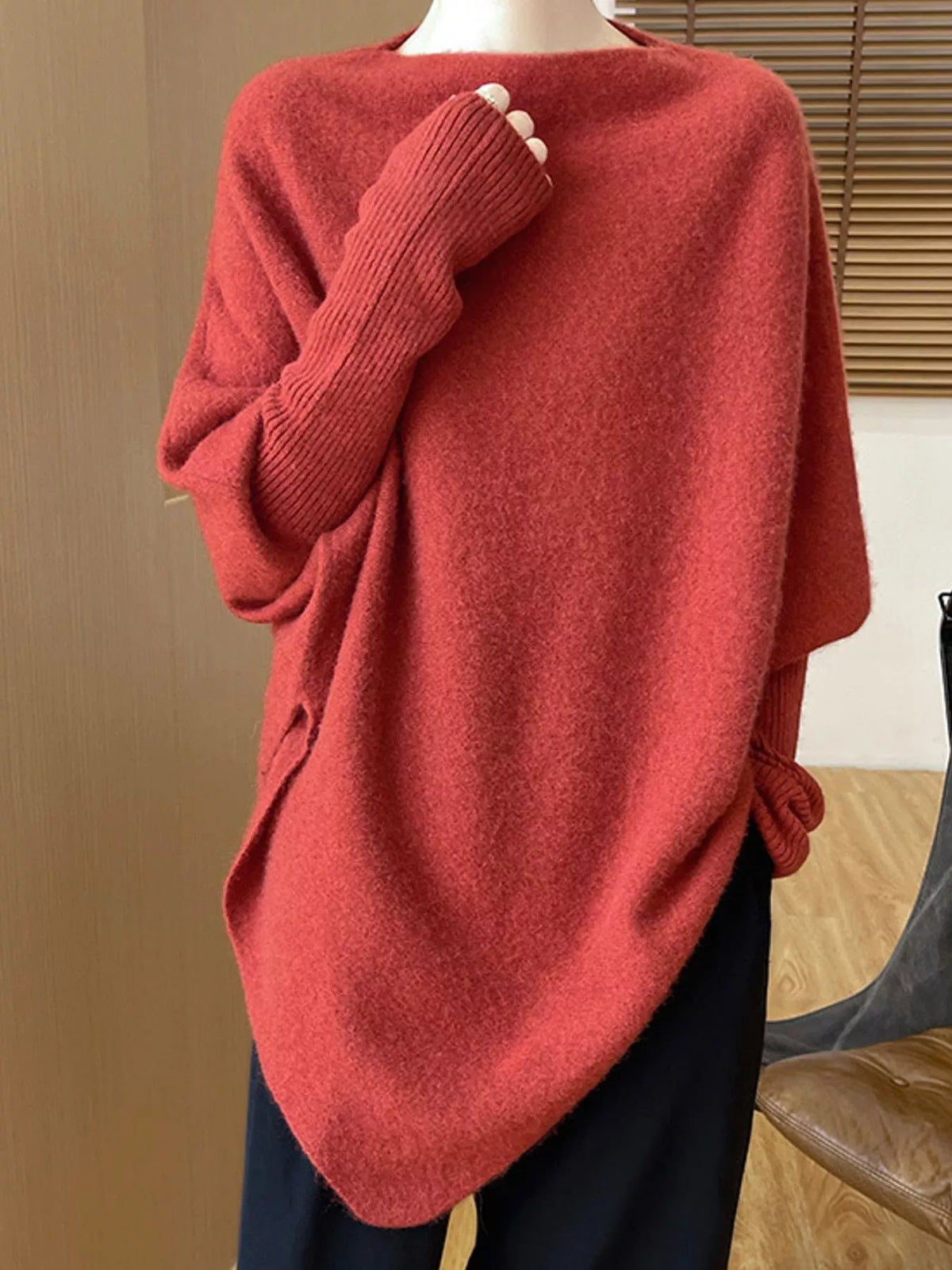 Oversized Asymmetric Wool Batwing Sweater in Brick Red by Belle Bijouix – view 10 of 24