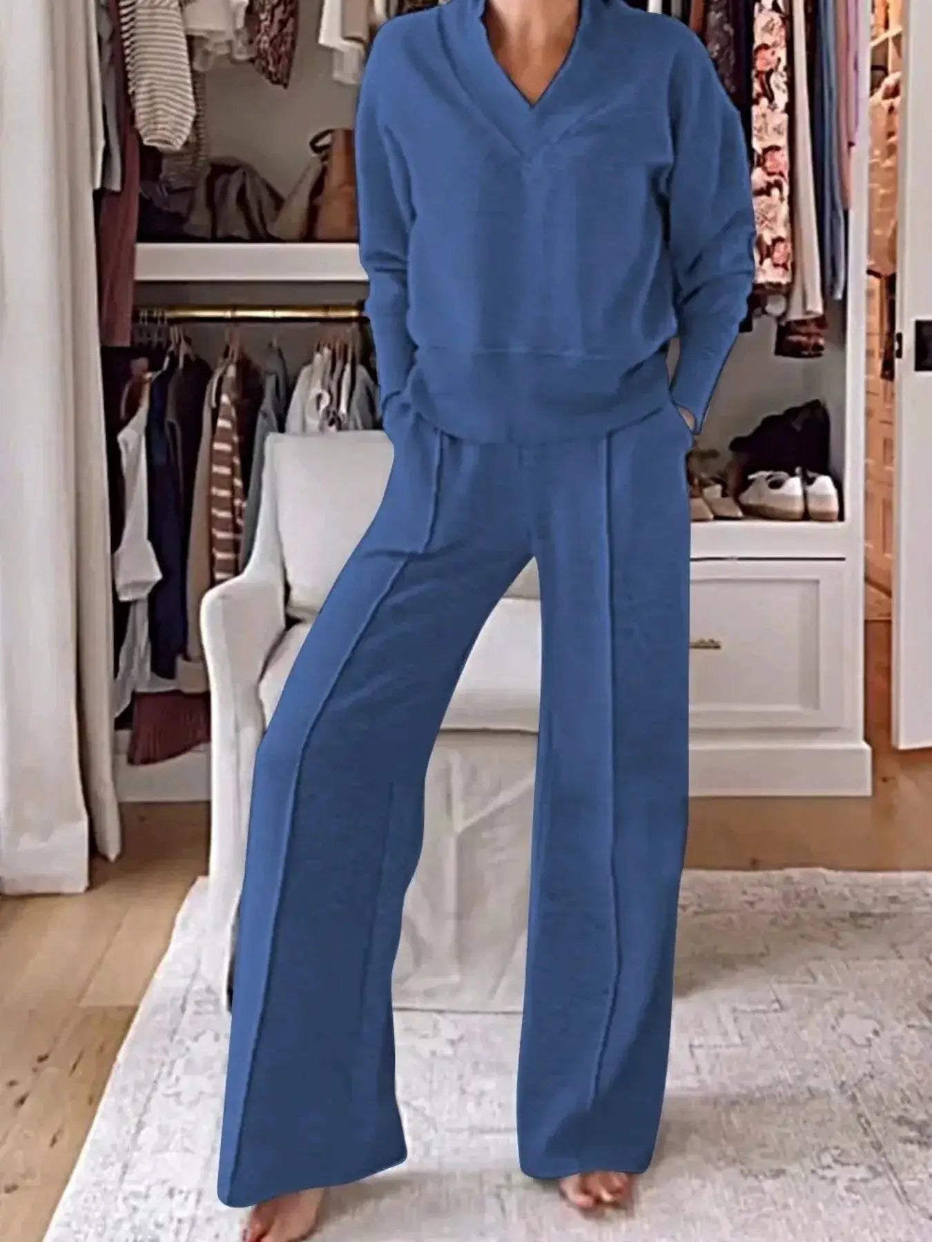 Full Size Cozy V-Neck Top and Pants Set by Belle Bijouix, blue velour plus-size pocketed sleepwear and loungewear.