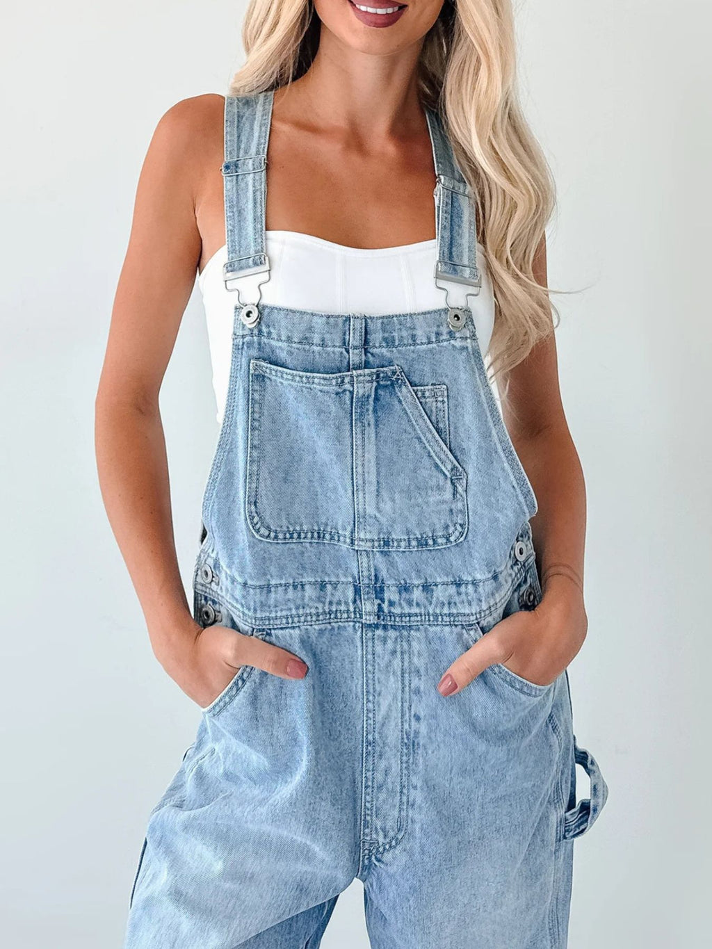 Wide Strap Relaxed Fit Denim Overalls by Trendsi, light wash