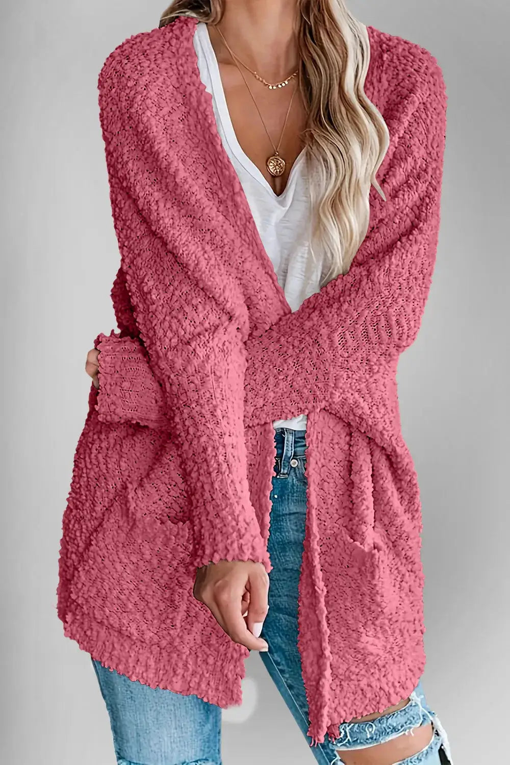 Double Take Pocketed Open Front Long Sleeve Cardigan in pink fuzzy knit with pockets, Belle Bijouix.