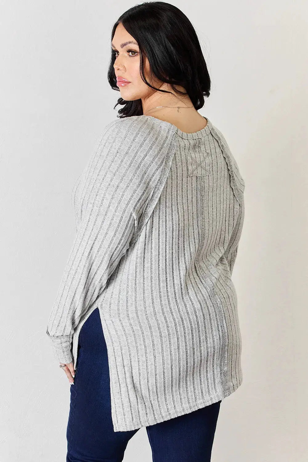 Basic Bae ribbed round-neck slit T-shirt by Belle Bijouix, light gray oversized knit top with longline hem