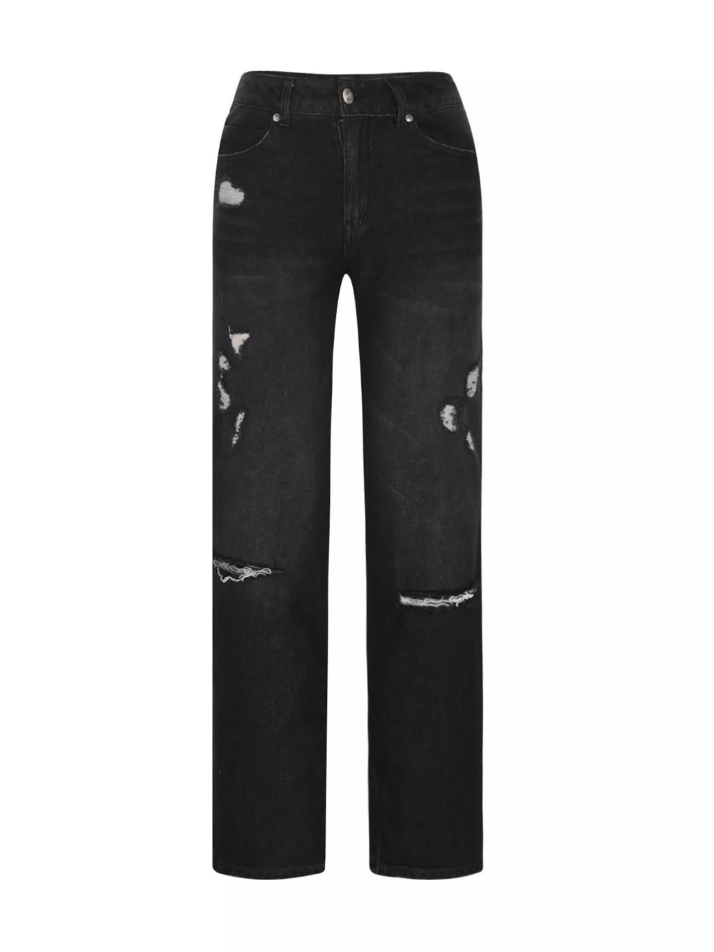Distressed loose-fit jeans in black with ripped knees and thighs
