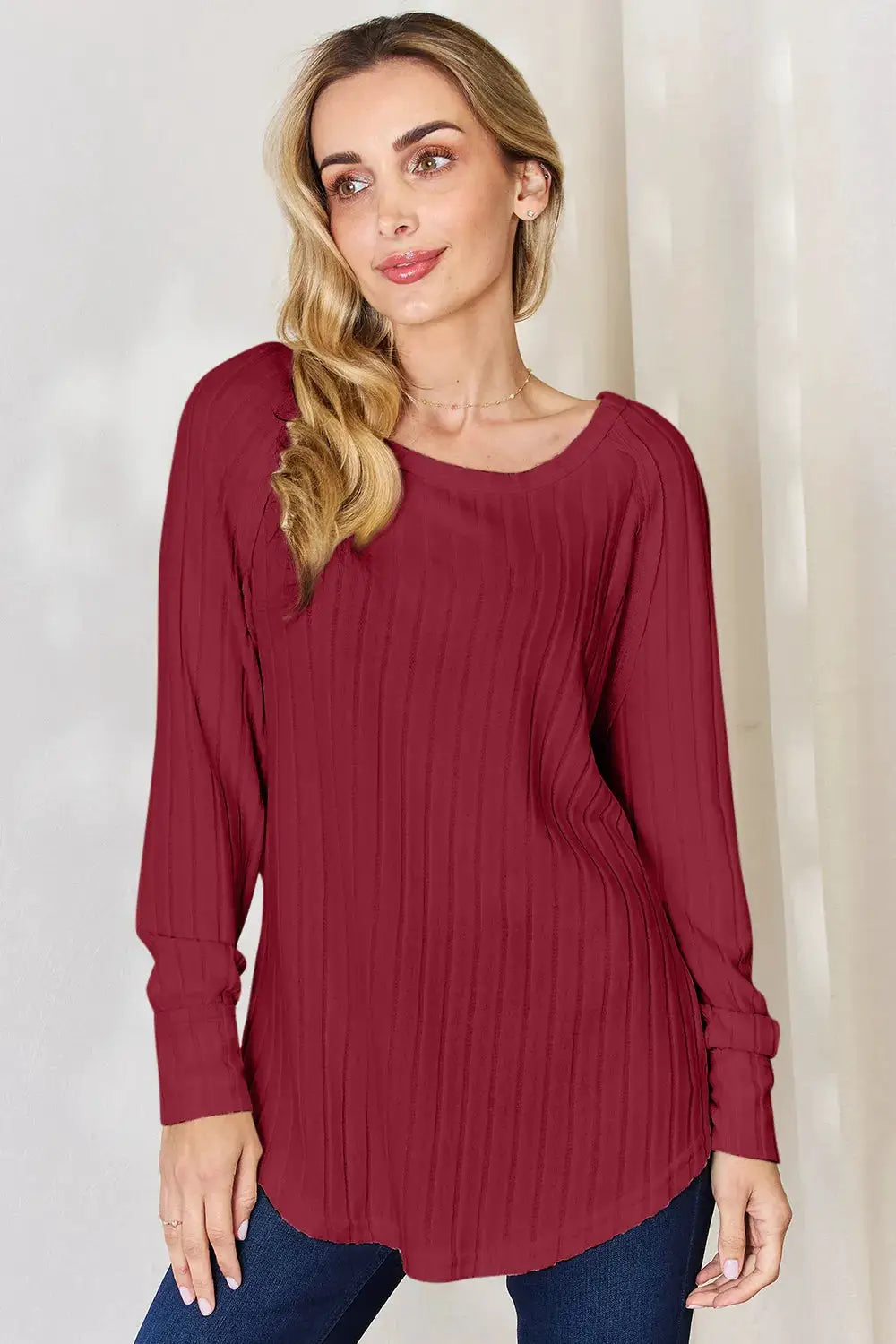 Basic Bae ribbed round-neck long-sleeve top in burgundy, full-size