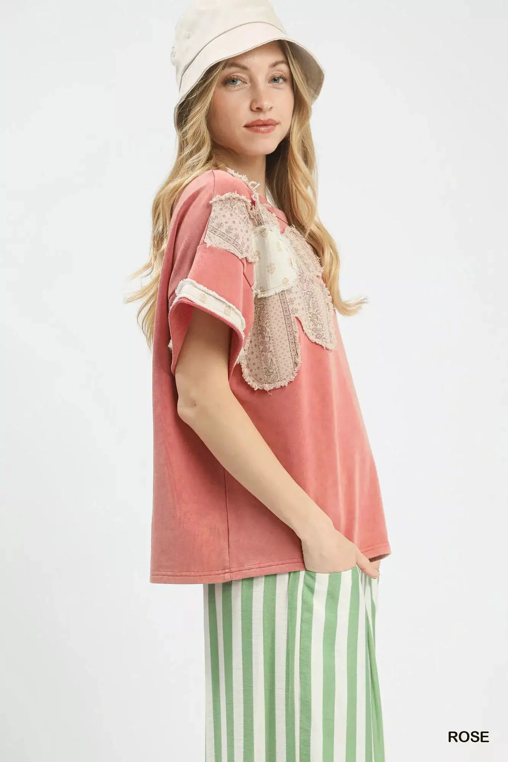 Umgee French Terry Top with Flower Patch in rose pink, lace patch details on sleeves.