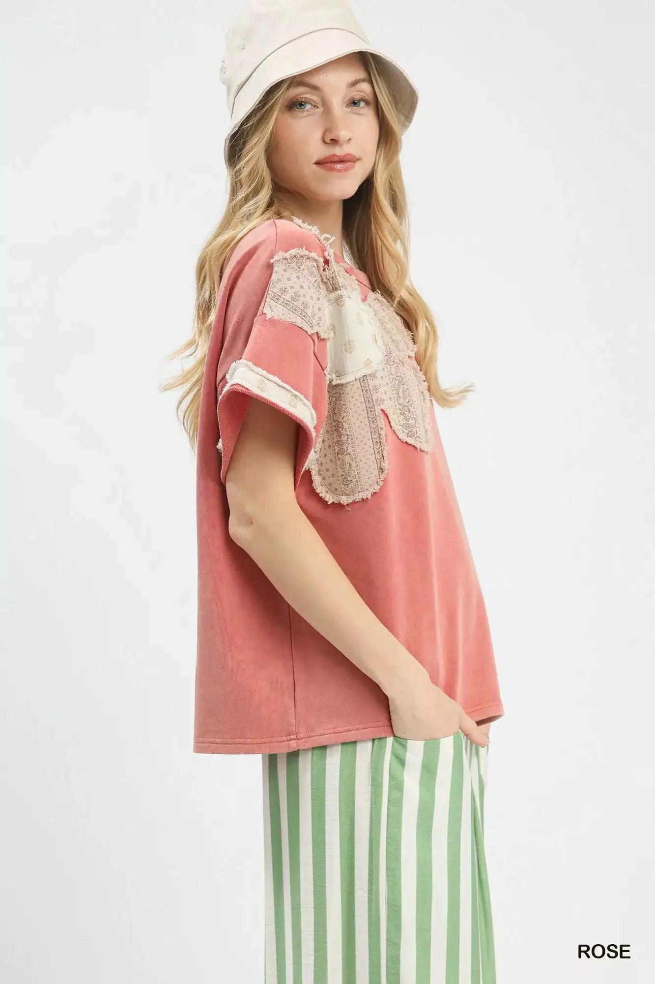 Umgee French Terry Top with Flower Patch in rose pink, lace patch details on sleeves.