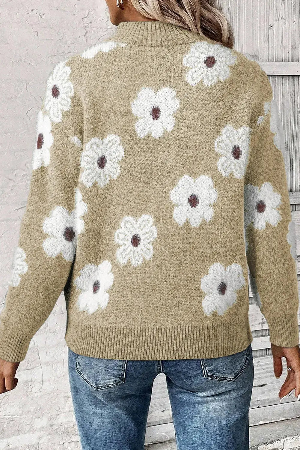 Flower Half Zip Long Sleeve Sweater in beige knit with white daisy pattern.