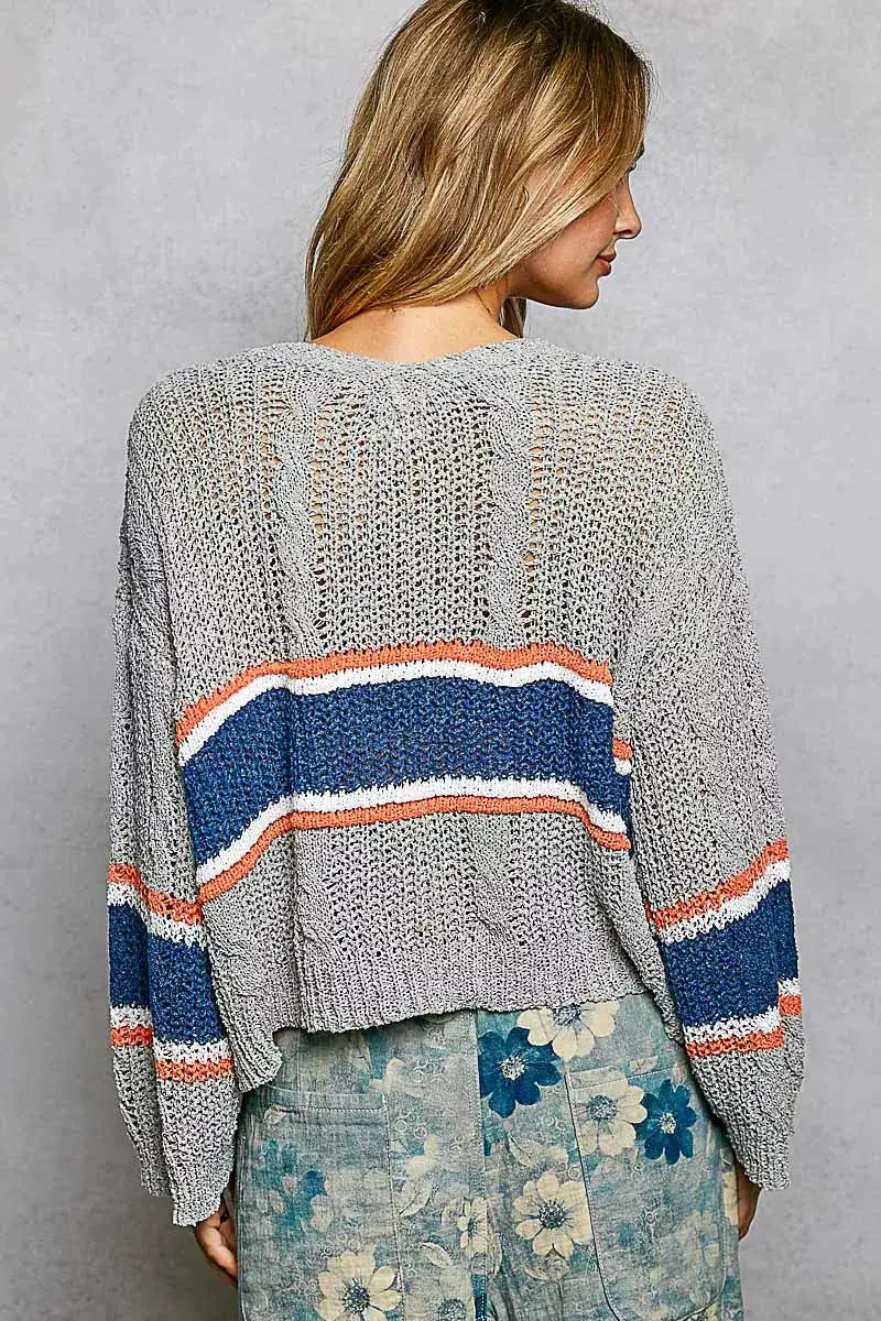 POL V-Neck Cropped Knit Top with Stripes and Cable Knit Detail, gray knit with blue and orange bands