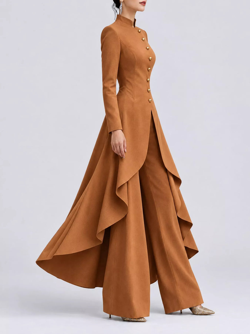 Ruffled High-Low Button Tunic & Wide-Leg Pants Set in Caramel by Belle Bijouix – view 27 of 82