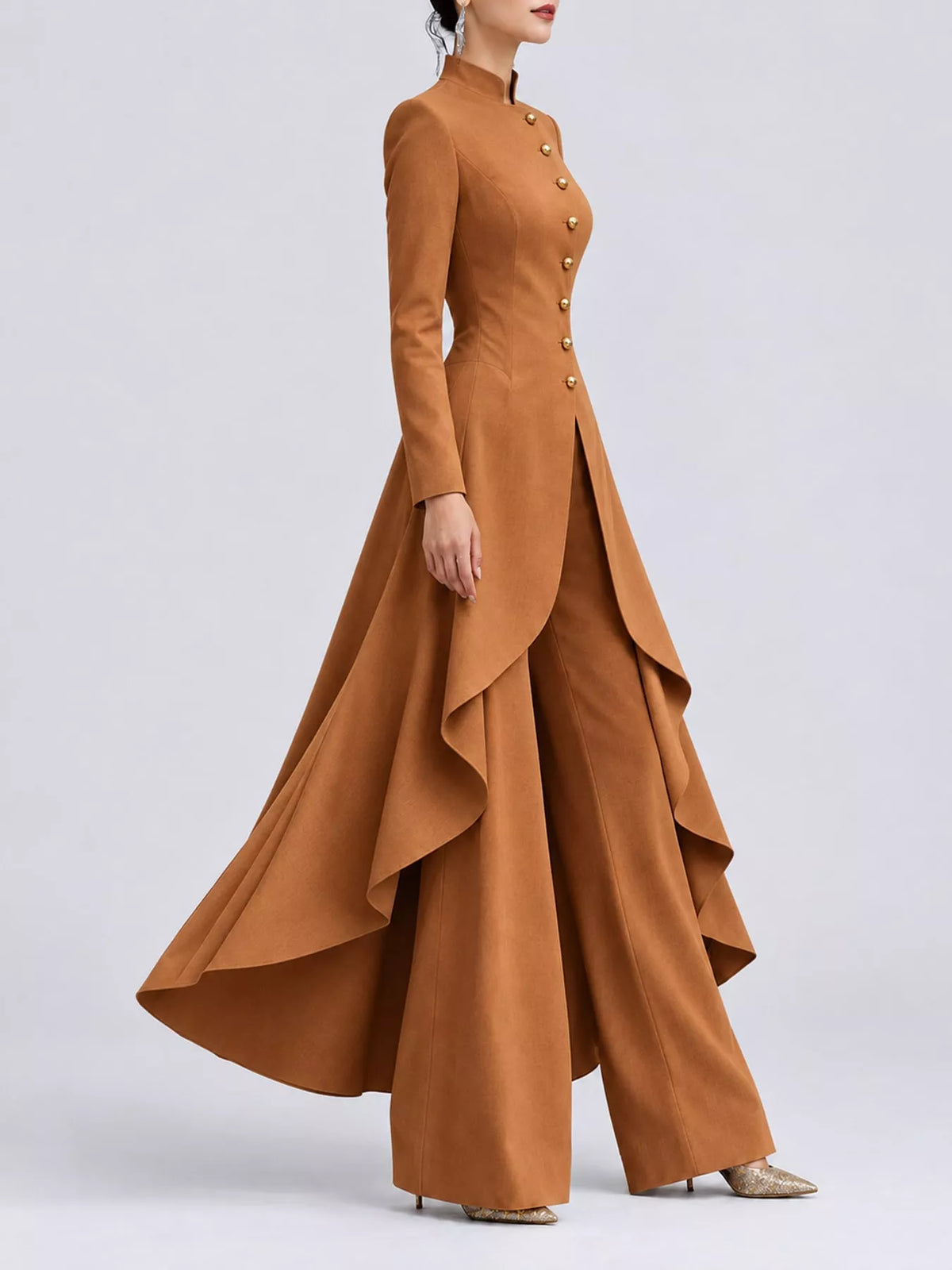 Ruffled High-Low Button Tunic & Wide-Leg Pants Set in Caramel by Belle Bijouix – view 27 of 82