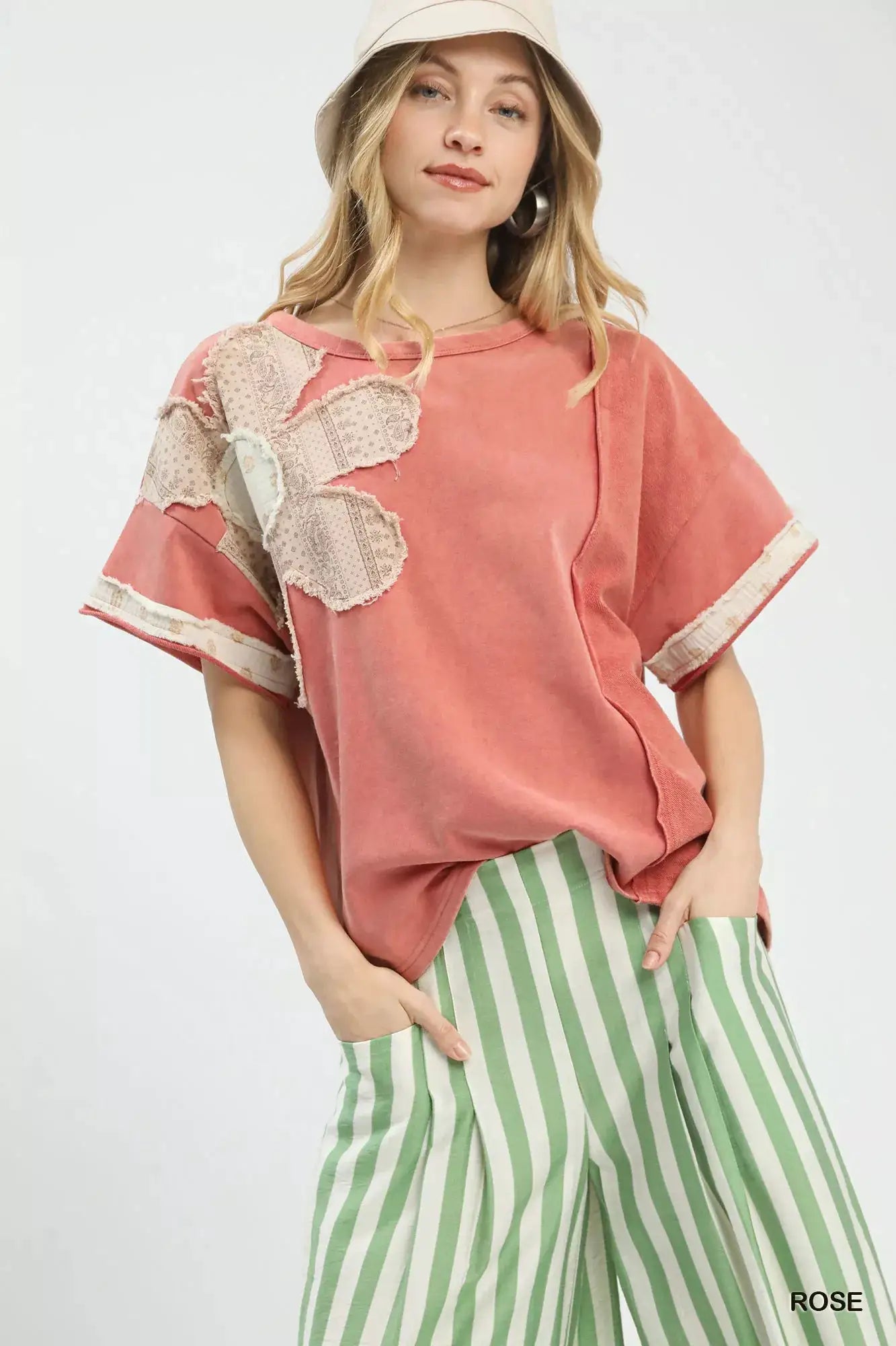 Umgee French Terry Top with Flower Patch in rose pink; beige lace flower applique on shoulder