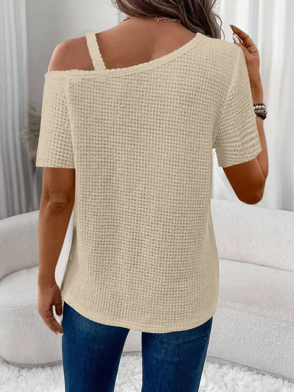 One-shoulder chain-detail waffle-knit T-shirt in cream by Trendsi.