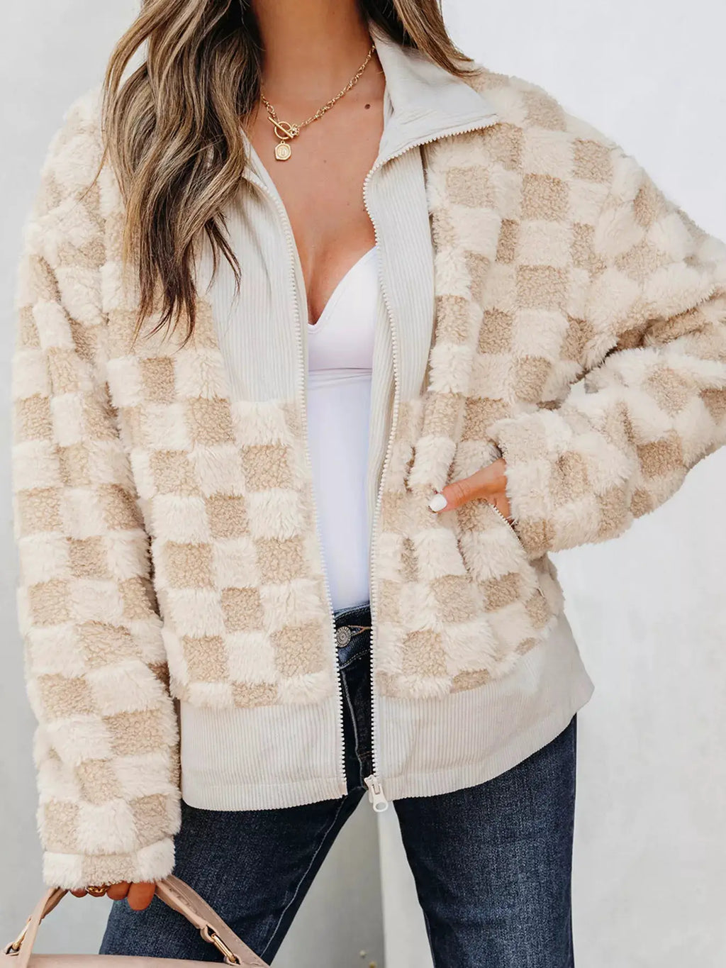 Checker Sherpa Corduroy Patchwork Zip-Up Jacket by Belle Bijouix, beige/cream, pocketed top