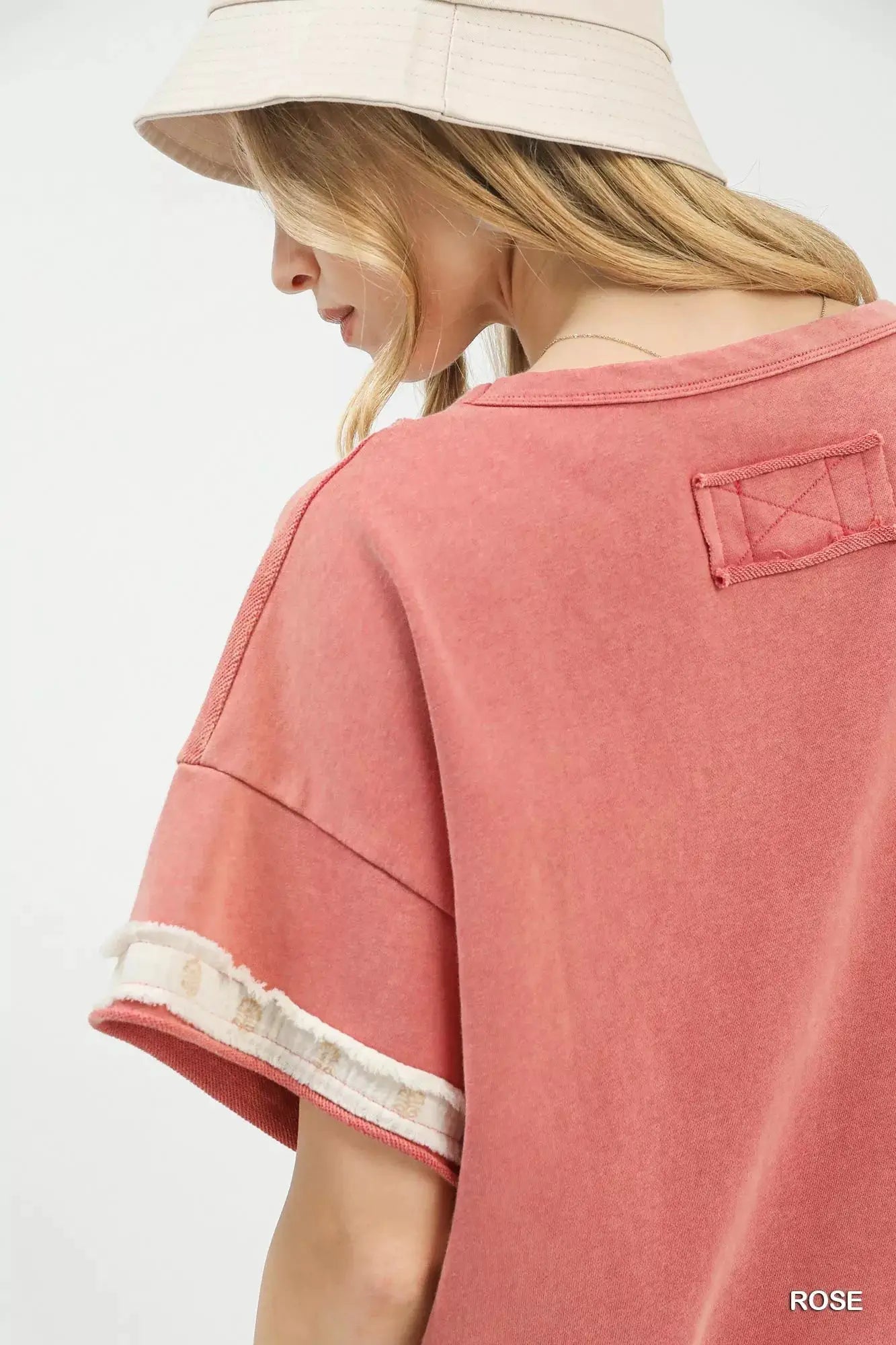 Umgee French Terry Top rose pink with rolled sleeves and rectangular back patch detail