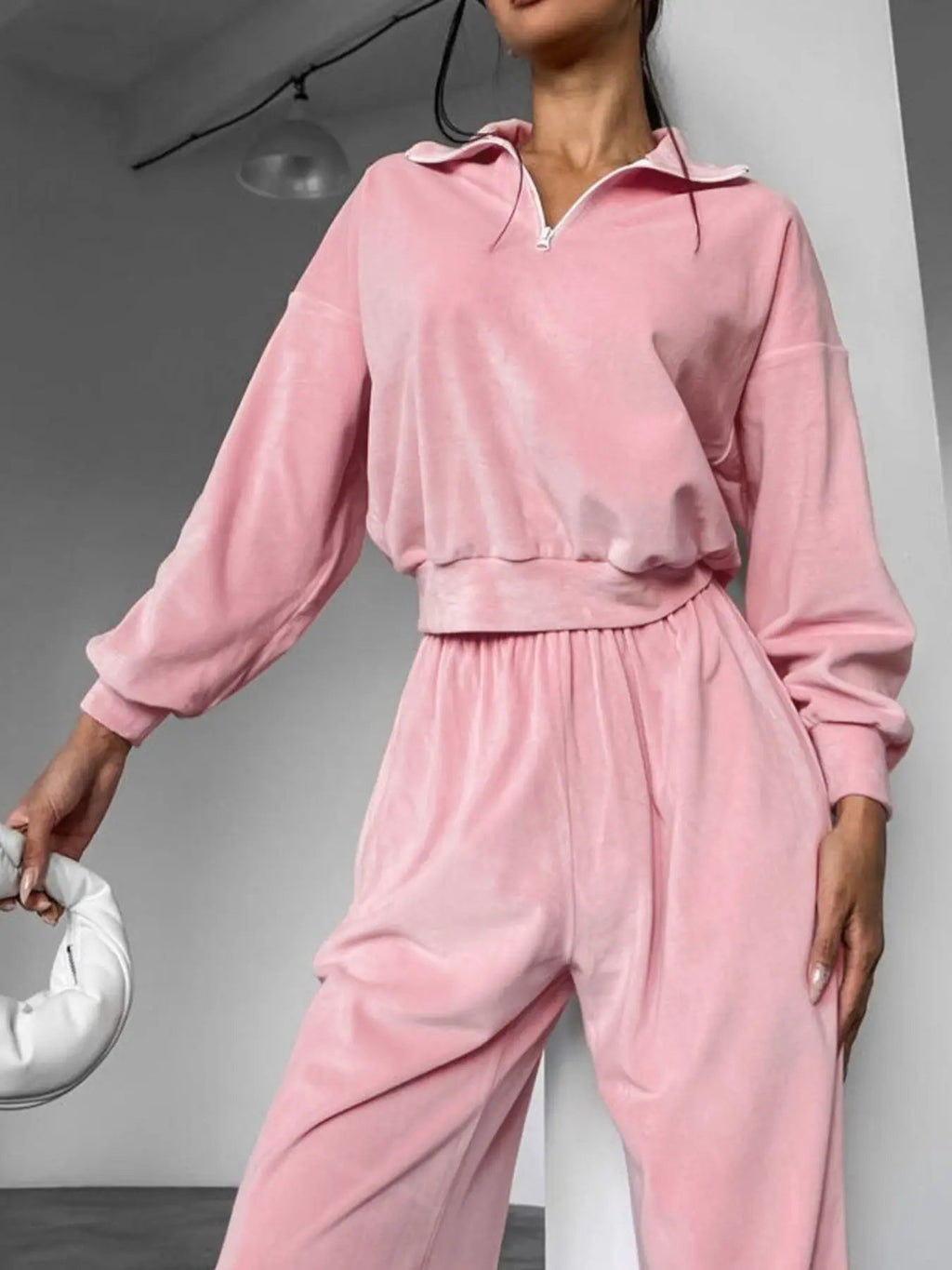Quarter Zip Long Sleeve Top and Pants Set by Belle Bijouix in soft pink velour loungewear.