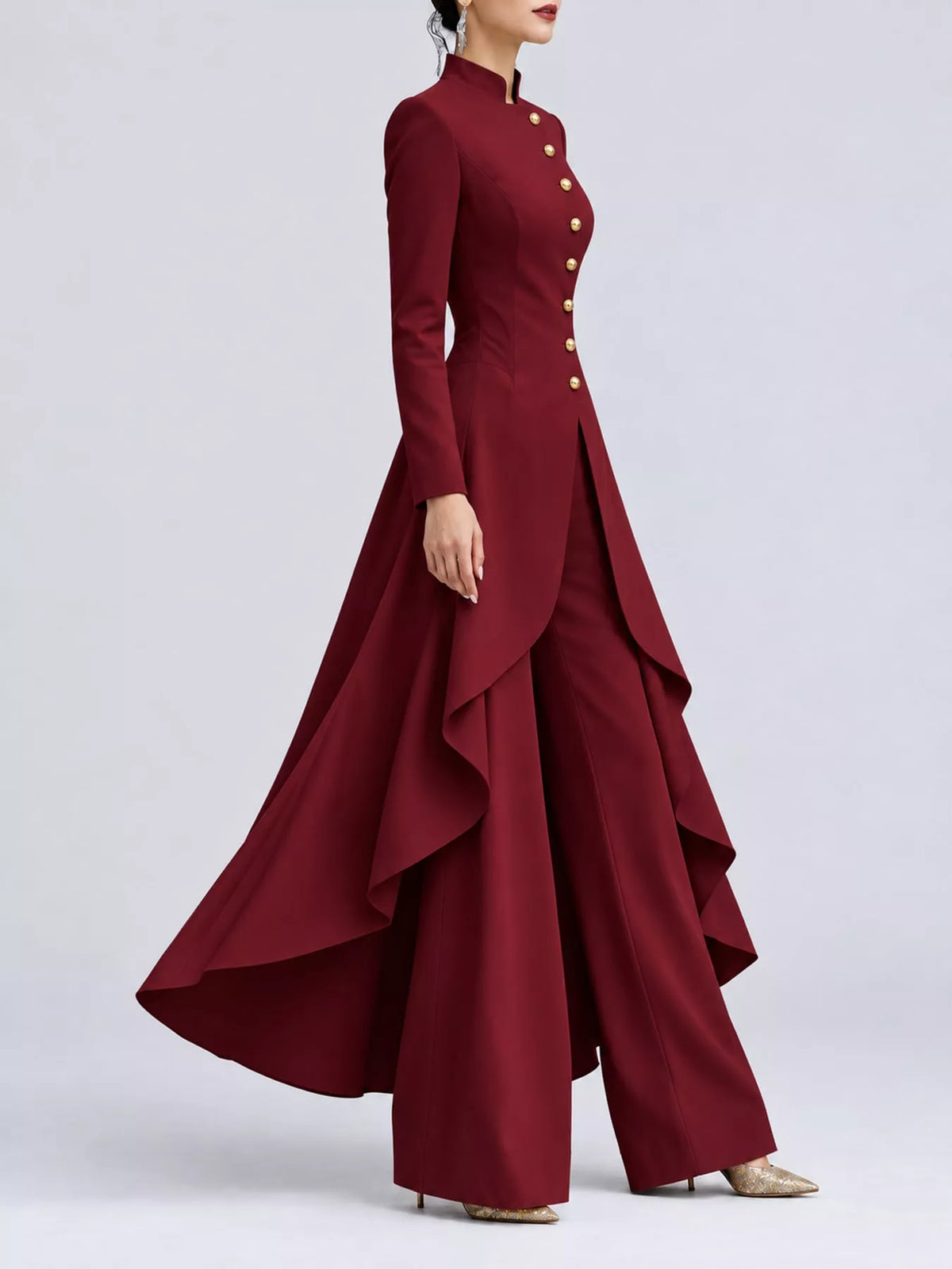 Ruffled High-Low Button Tunic & Wide-Leg Pants Set in Wine Red by Belle Bijouix – view 41 of 82