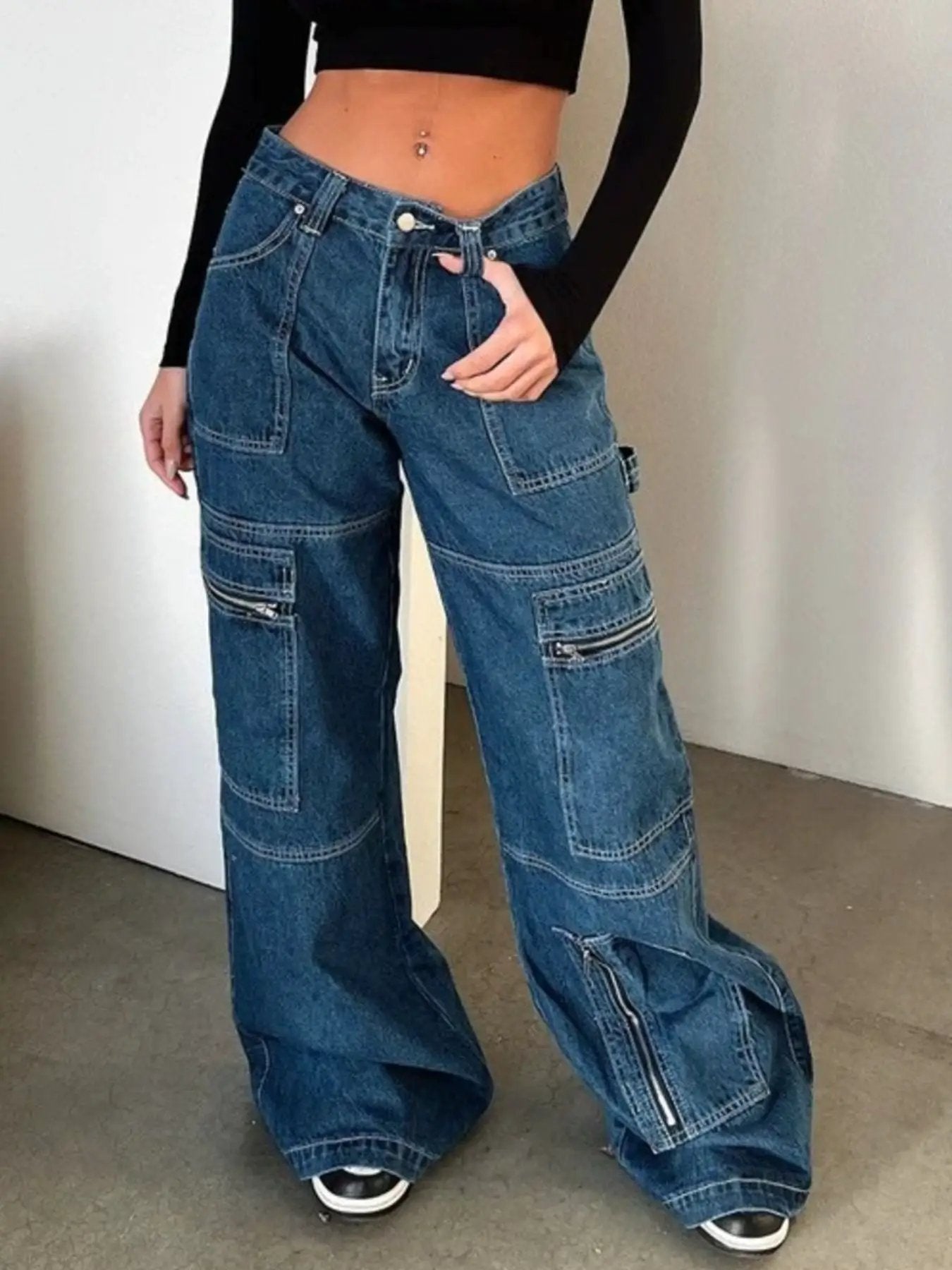 Zipper Pocket Wide-Leg Cargo Jeans by Belle Bijouix in blue denim with cargo pockets
