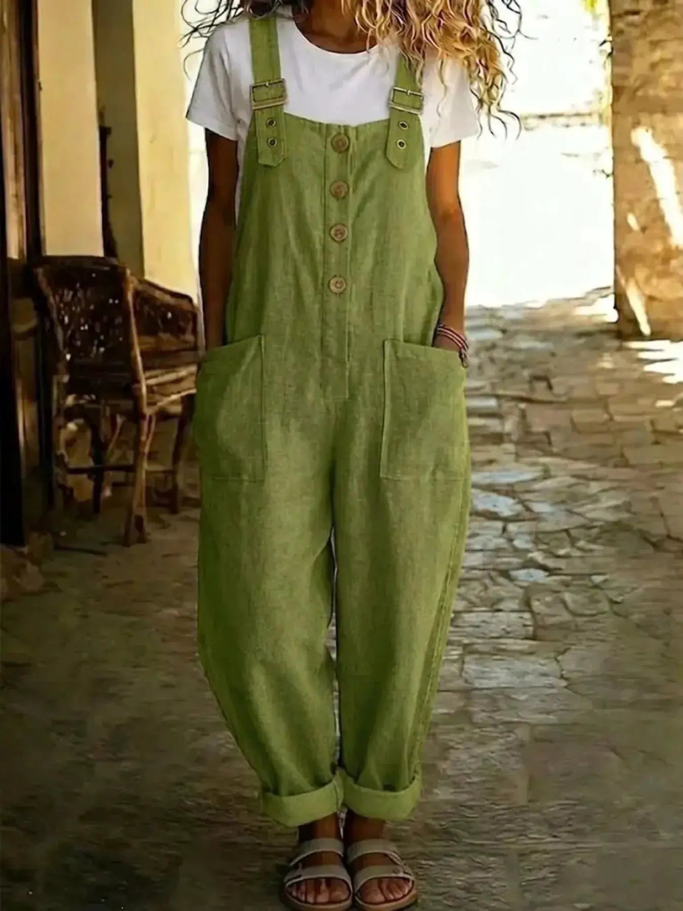 Casual Button Front Wide-Leg Overalls in olive green with front pockets and buckled straps