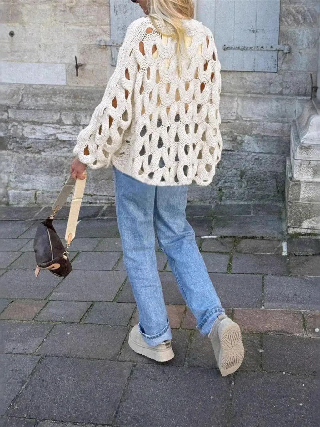 Chunky Cable Knit Hollow Out Sweater in cream with large open-knit cutouts