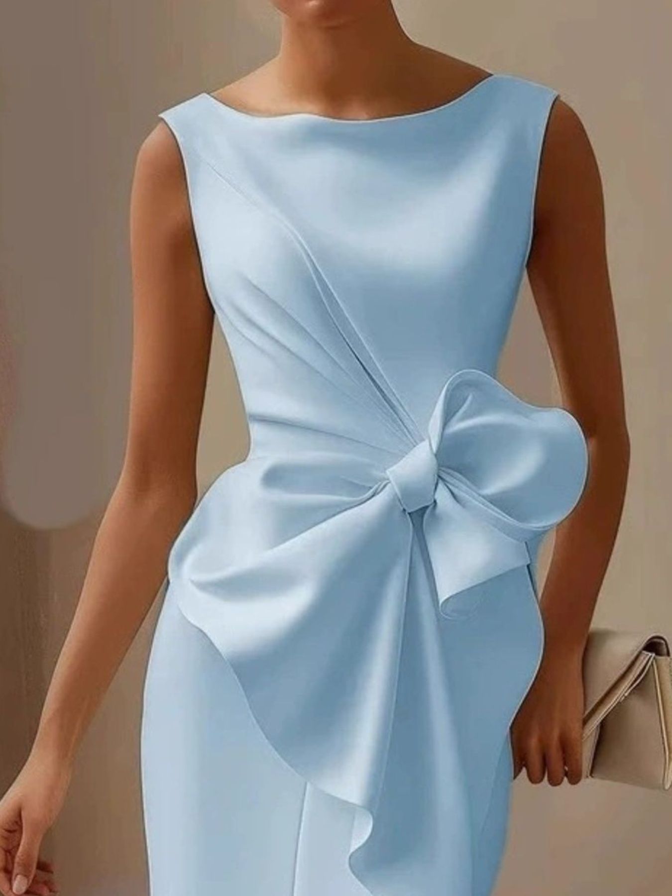 Full Size Bowknot Front Sleeveless Dress Plus Size by Bellebijouix, light blue with waist bow