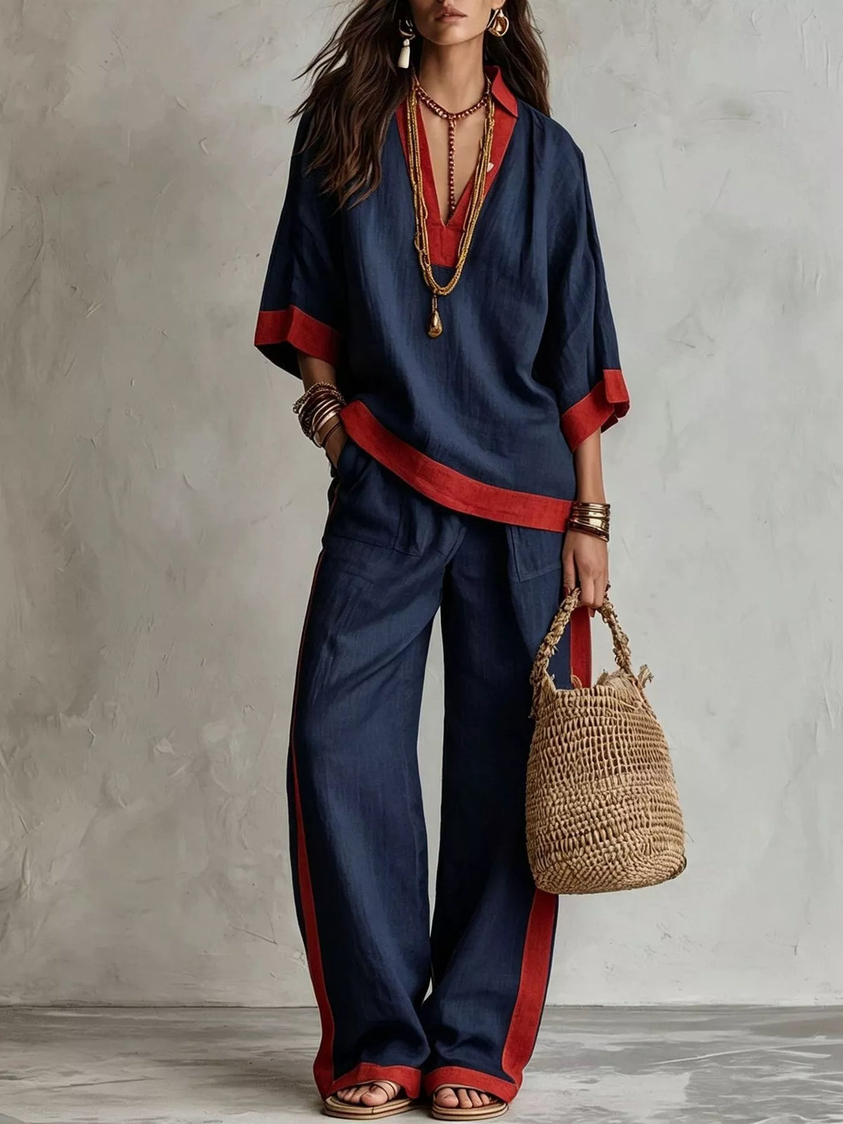 Contrast-Trim Top and Wide-Leg Pants Set