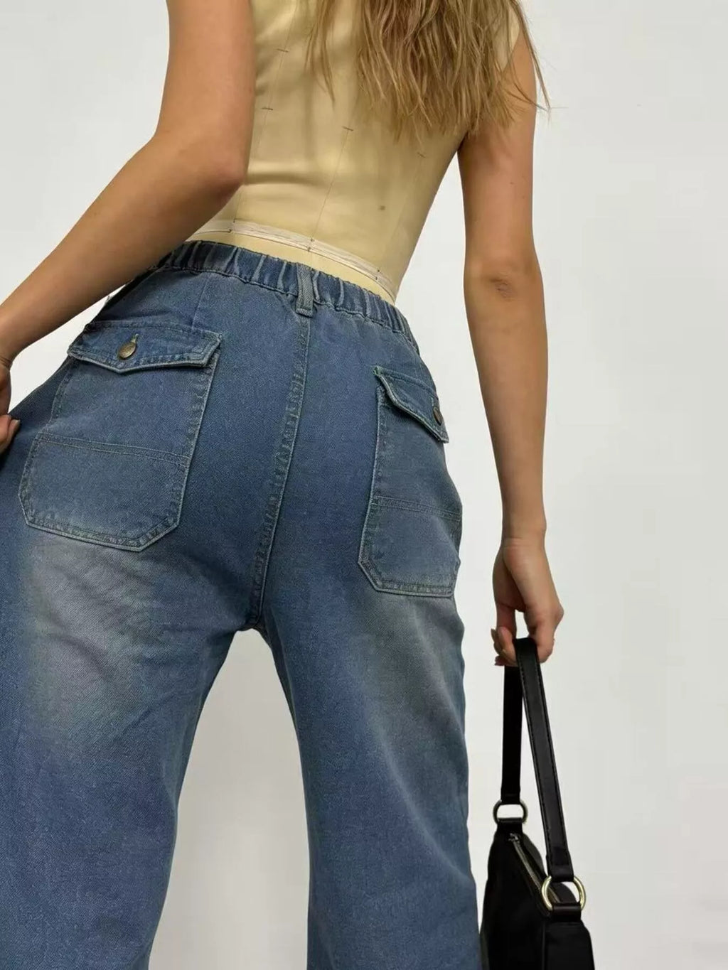 Belle Bijouix Wide-Leg Blue Denim Jeans with contrast stitching and back pockets