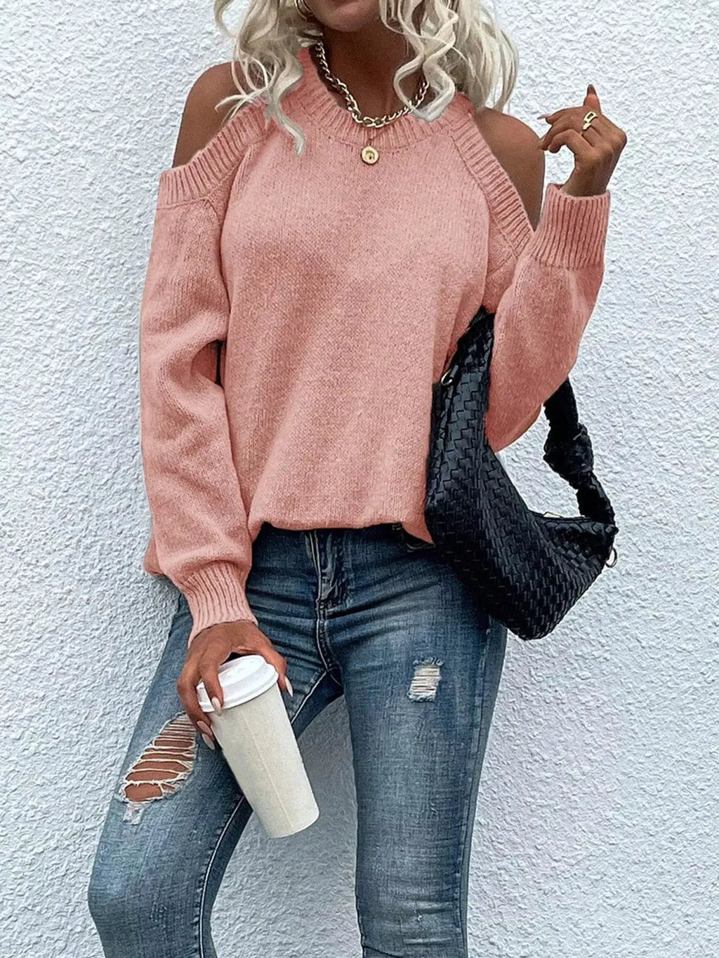 Cold Shoulder Knit Sweater by Belle Bijouix in pink knit fabric