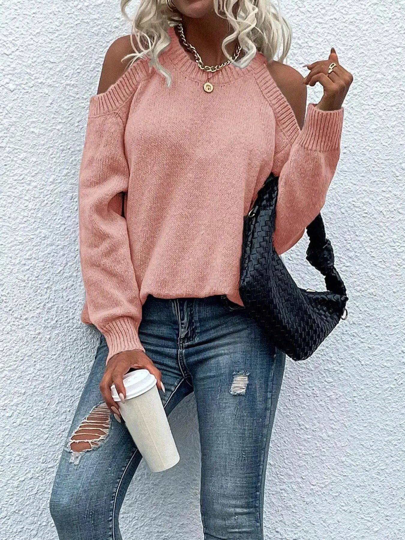 Cold Shoulder Knit Sweater by Belle Bijouix in pink knit fabric