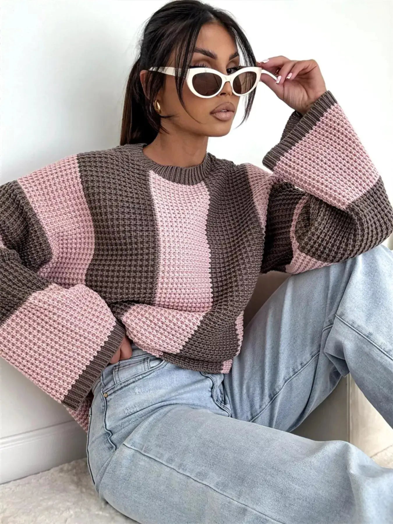 Color Block Long Sleeve Sweater, pink and brown blocks, oversized fit