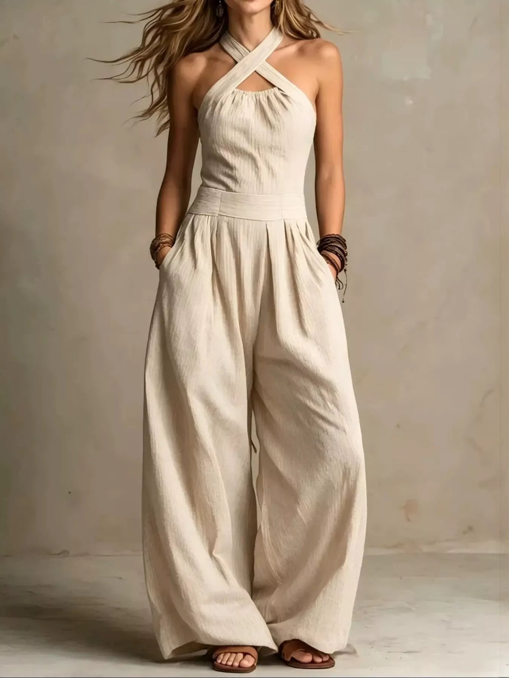 Crisscross Halter Linen Wide-Leg Jumpsuit in Off White by Belle Bijouix – view 1 of 45