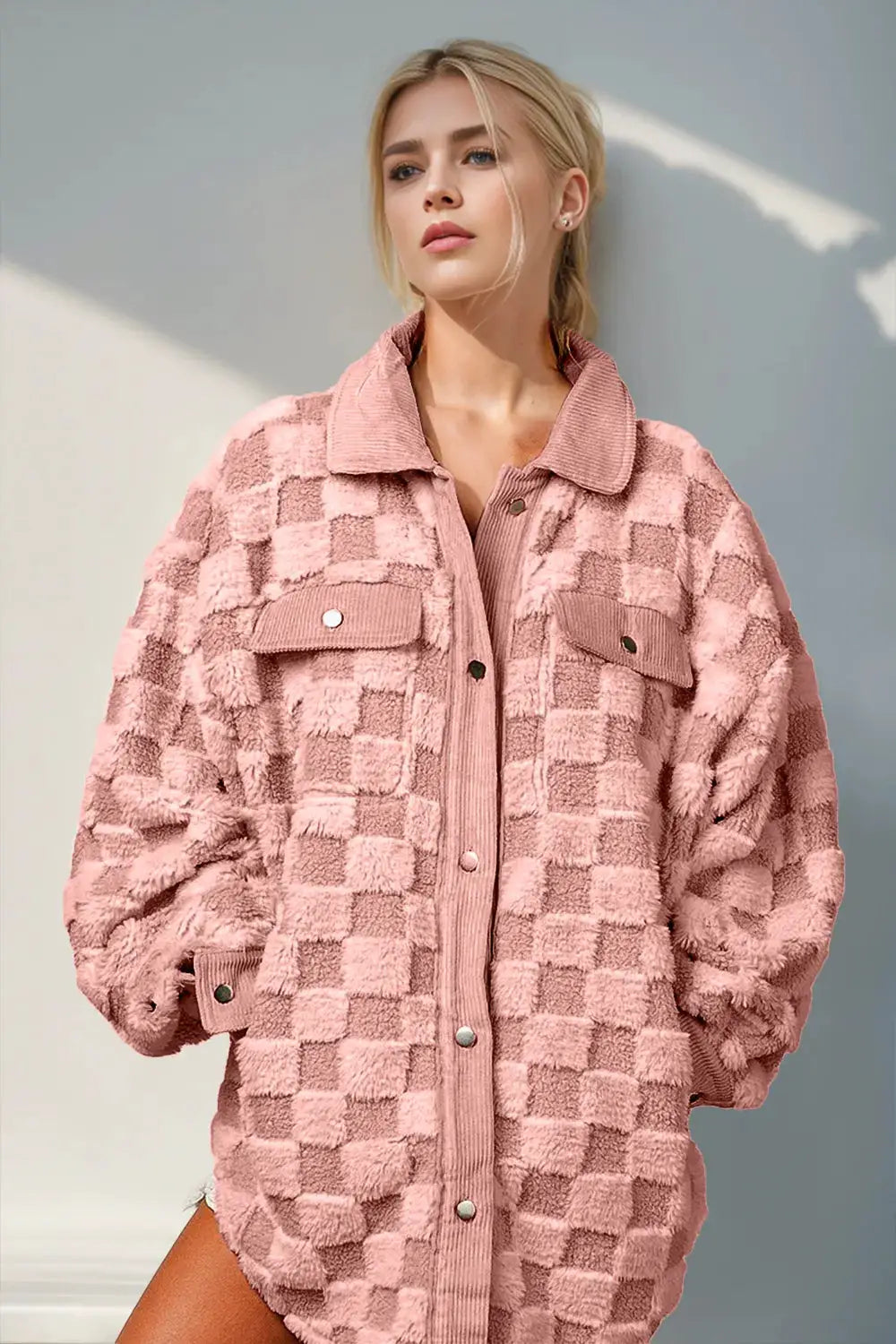 Double Take Button Up Fuzzy Checkered Shacket, pink, pocketed, buttoned.