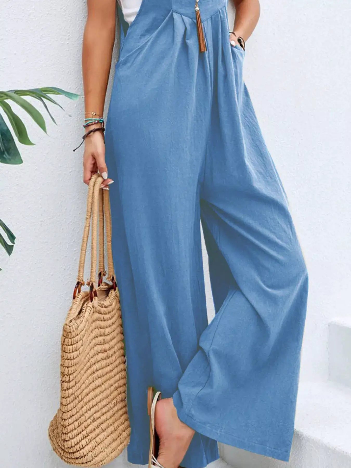 Overalls: blue denim wide-leg one-piece with pockets, plus size