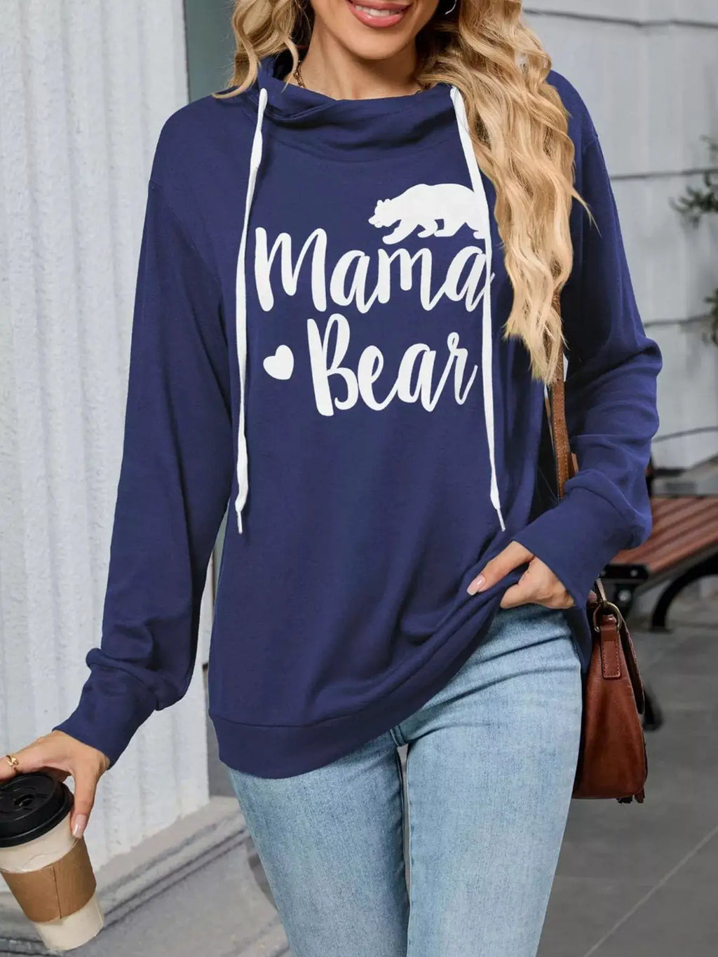 Letter Drawstring Long Sleeve Hoodie in navy with white Mama Bear graphic