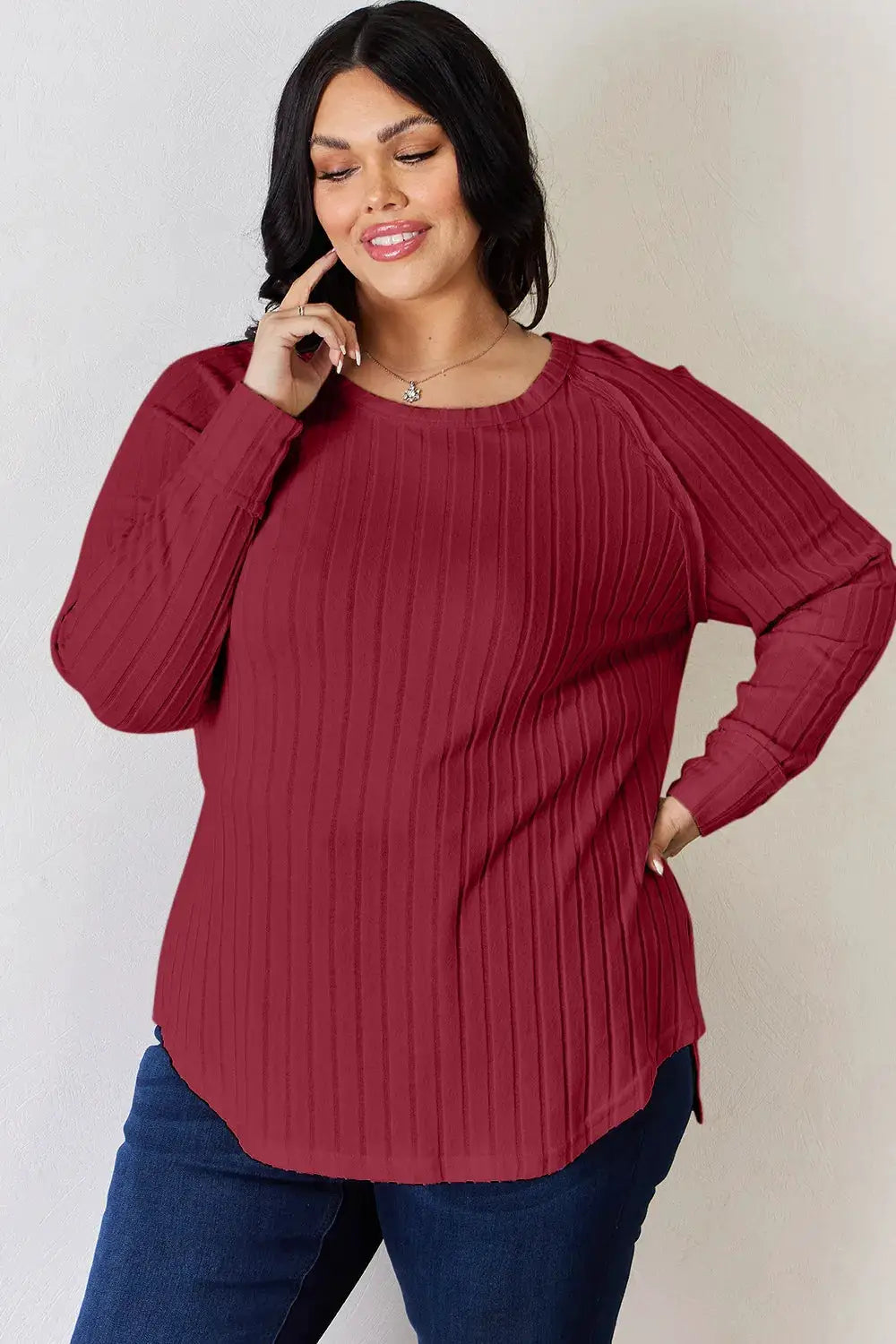 Basic Bae ribbed full-size round-neck slit T-shirt in burgundy, plus-size top