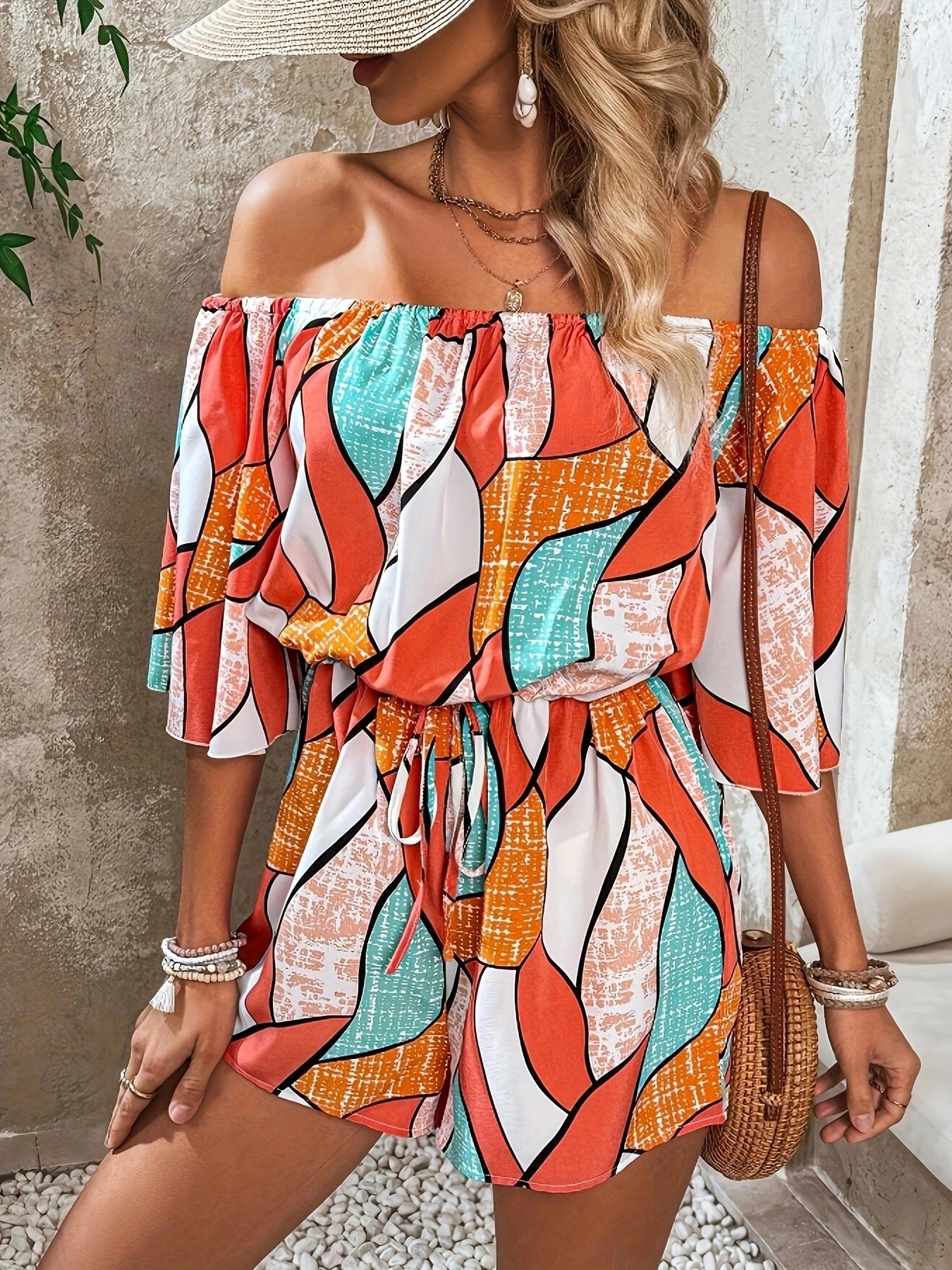 Off-Shoulder Drawstring Waist Romper by Bellebijouix in bold orange teal white abstract print