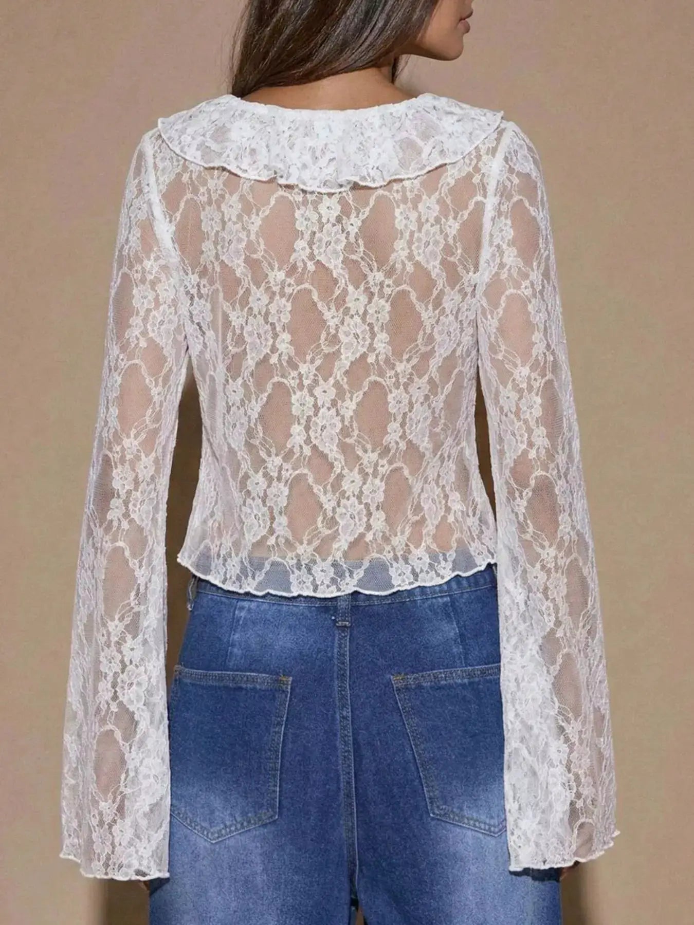 Sheer Lace Ruffle Tie-Front Blouse in white with floral lace, long sleeves, back view.