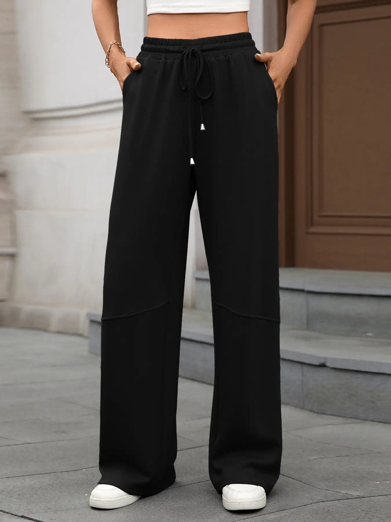 Drawstring high-waist wide-leg black casual pants with tie at waist