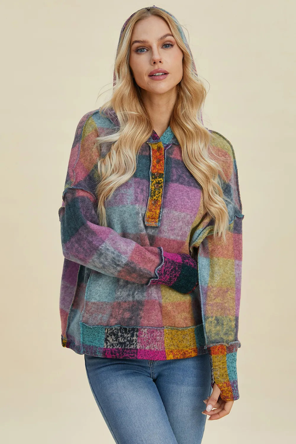 Double Take Full Size Plaid Dropped Shoulder Fleece Hoodie, multicolor plaid with hood