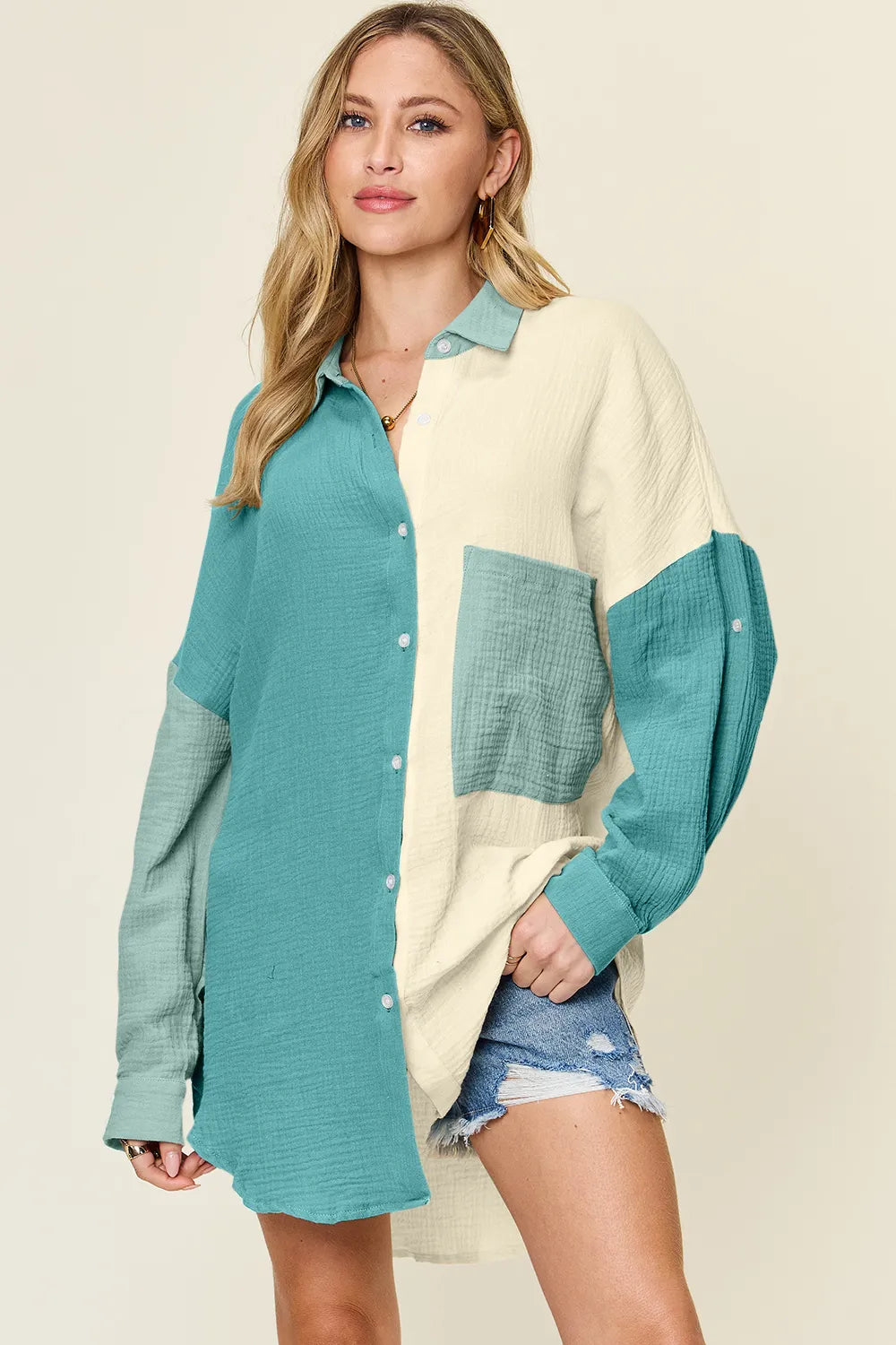 Pocketed Texture Button-Up Shirt – Women's Casual Chic Everyday Top
