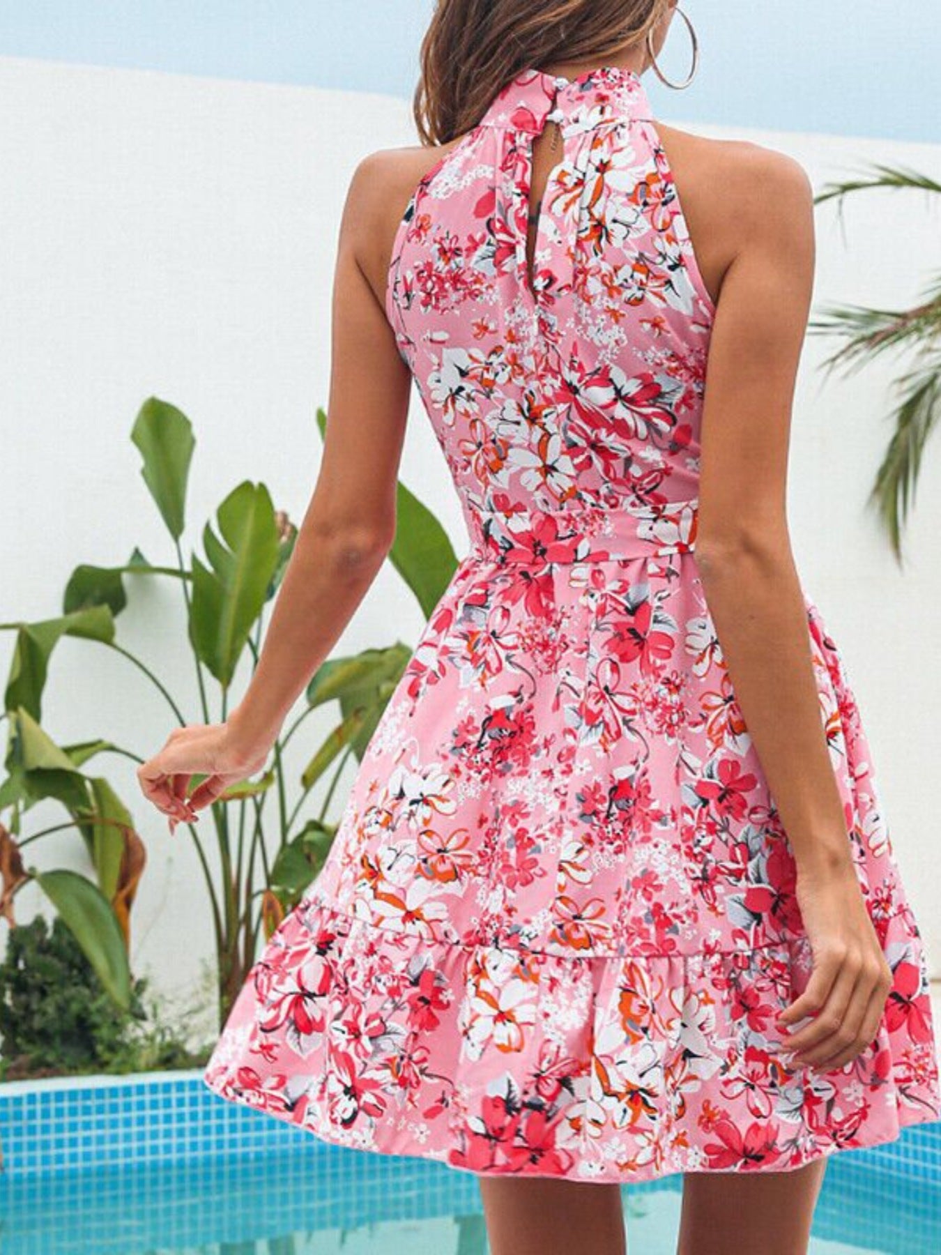 Floral Print Halter Neck Mini Dress by Bellebijouix - pink floral print with ruffles and tied detail