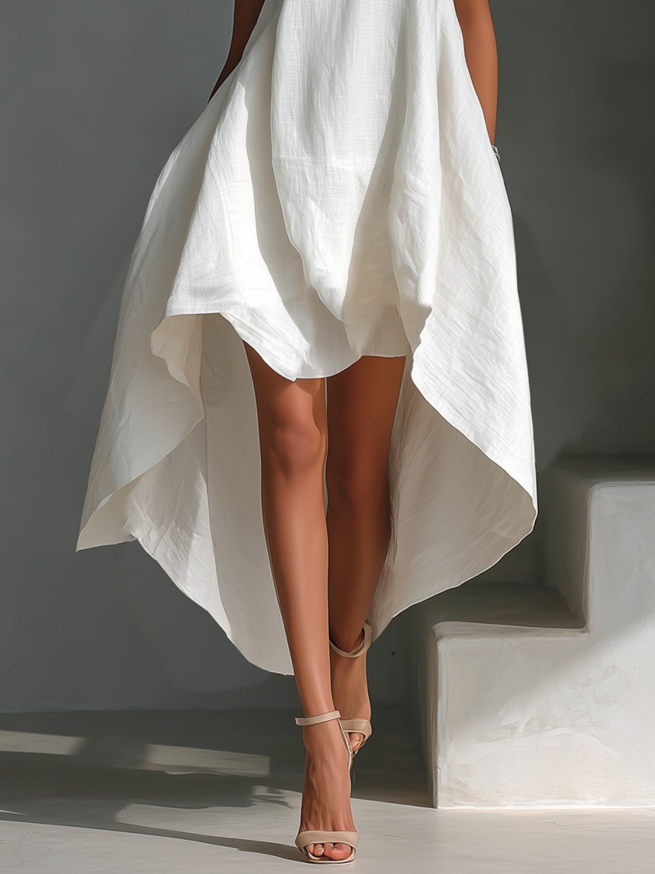 Sleeveless white high-low hem dress with flowing linen-like fabric.